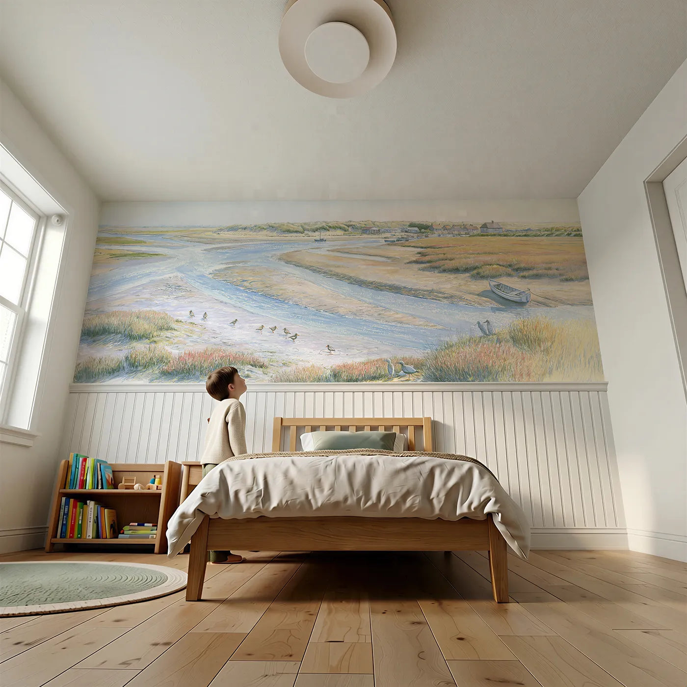 Child reading near Wading Birds On The Flats Wainscoting Wallpaper by Whimsy Tots