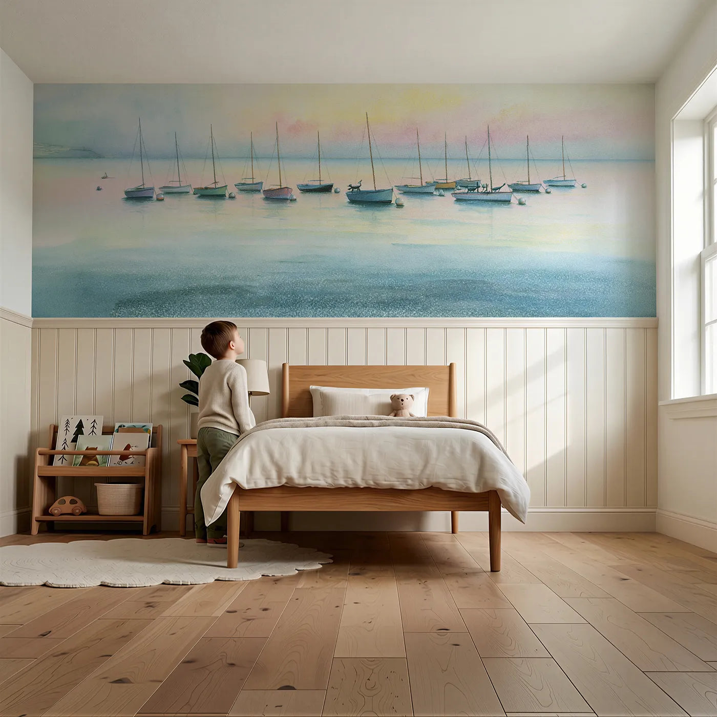Child reading near Moorings Nodding At Evening Wainscoting Wallpaper by Whimsy Tots