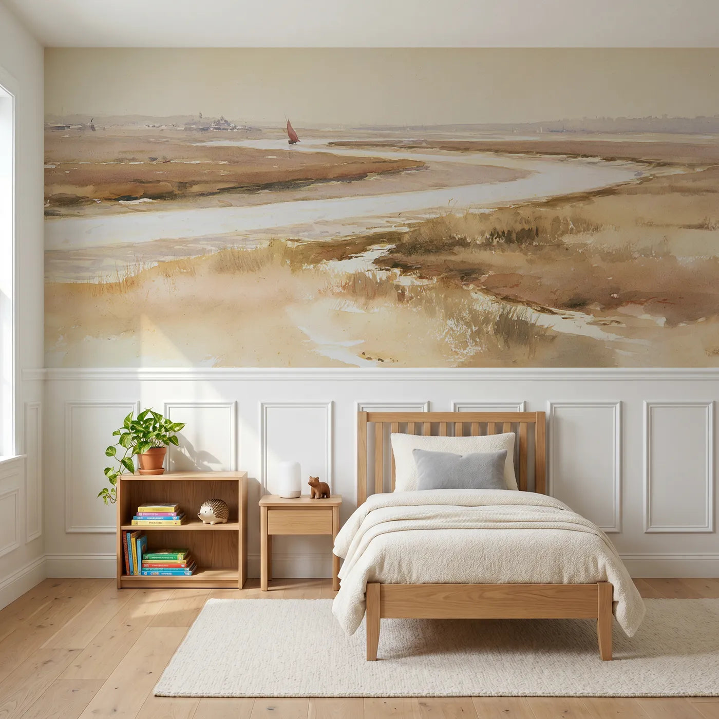 Watercolor wainscoting mural of an estuary and one red sail by Whimsy Tots