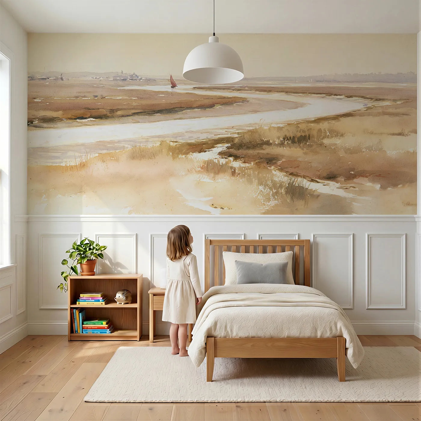 Child reading near Estuary And Red Sail Wainscoting Wallpaper by Whimsy Tots