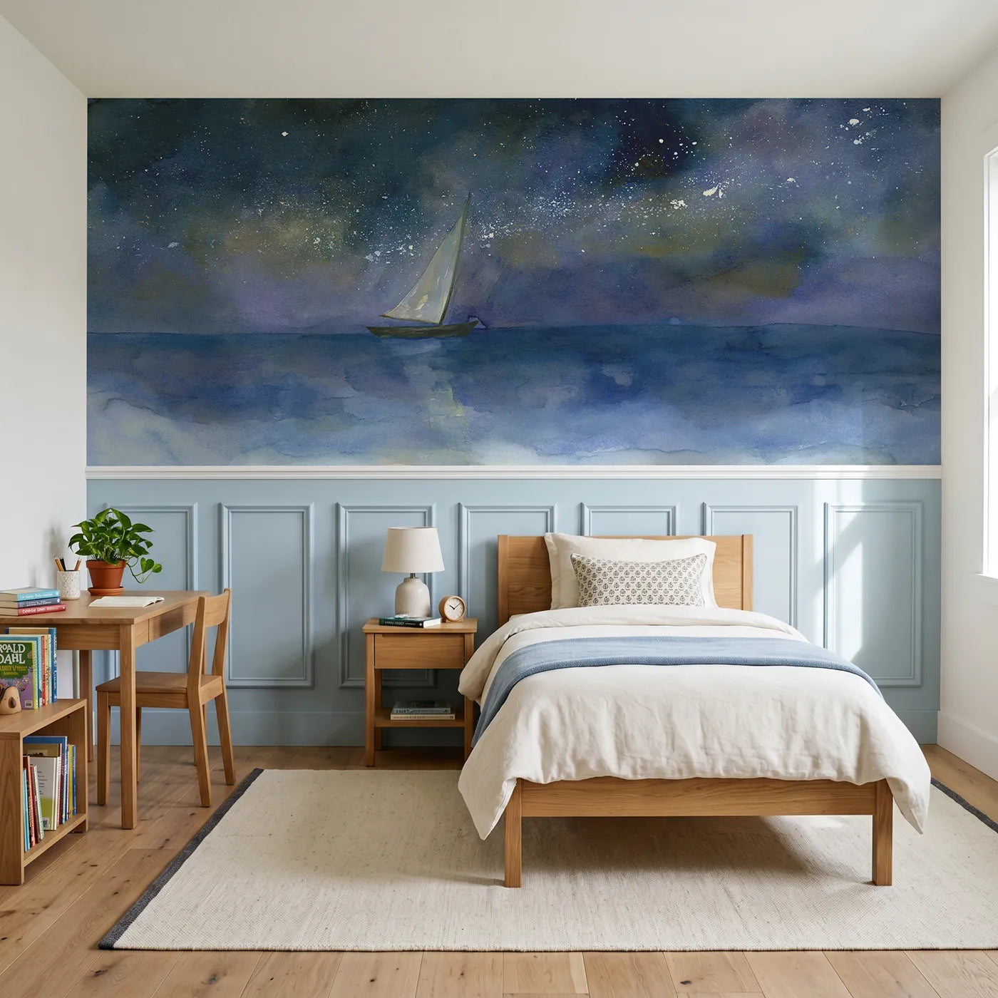 Watercolor wainscoting wallpaper of a night sail under stars by Whimsy Tots