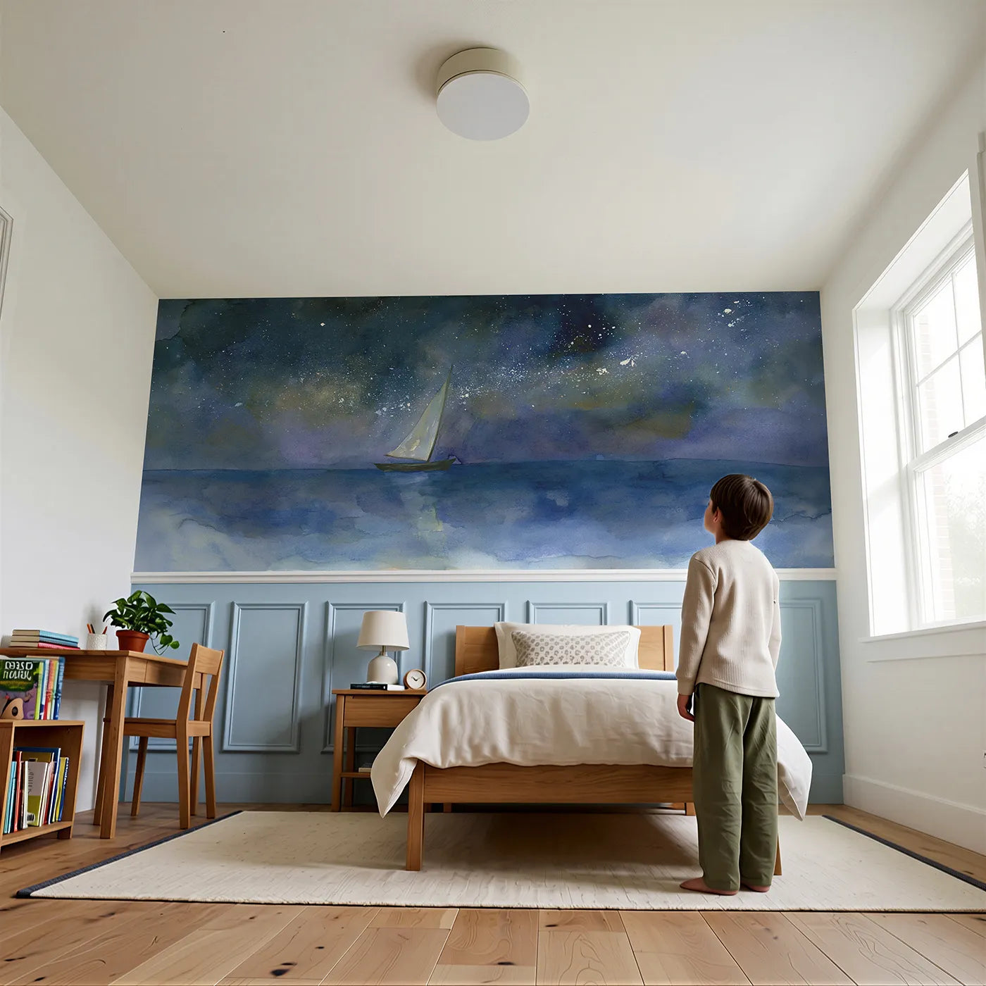 Child reading near Night Sail Under Stars Wainscoting Wallpaper by Whimsy Tots