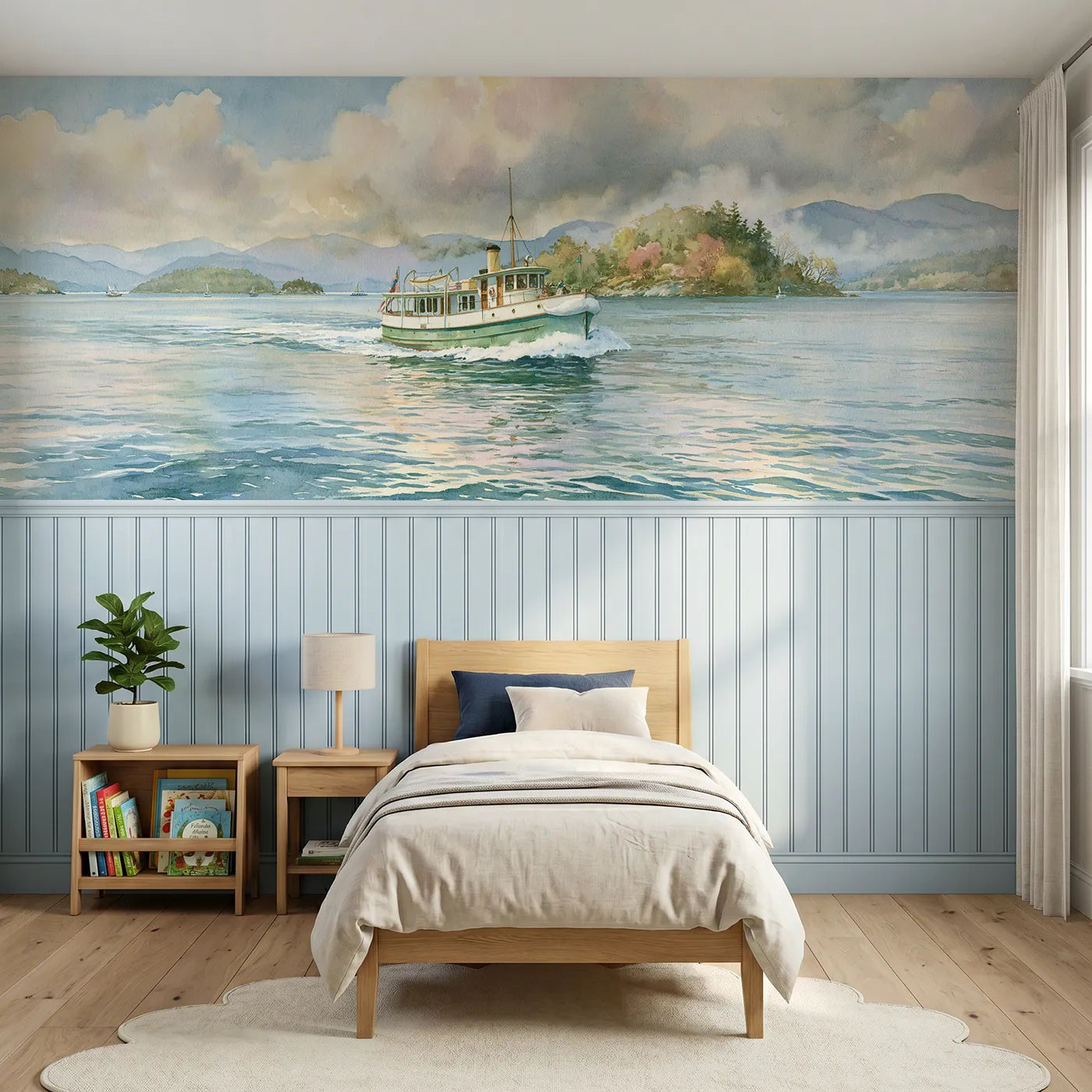 Storybook wainscoting wallpaper of a ferry crossing the sound by Whimsy Tots
