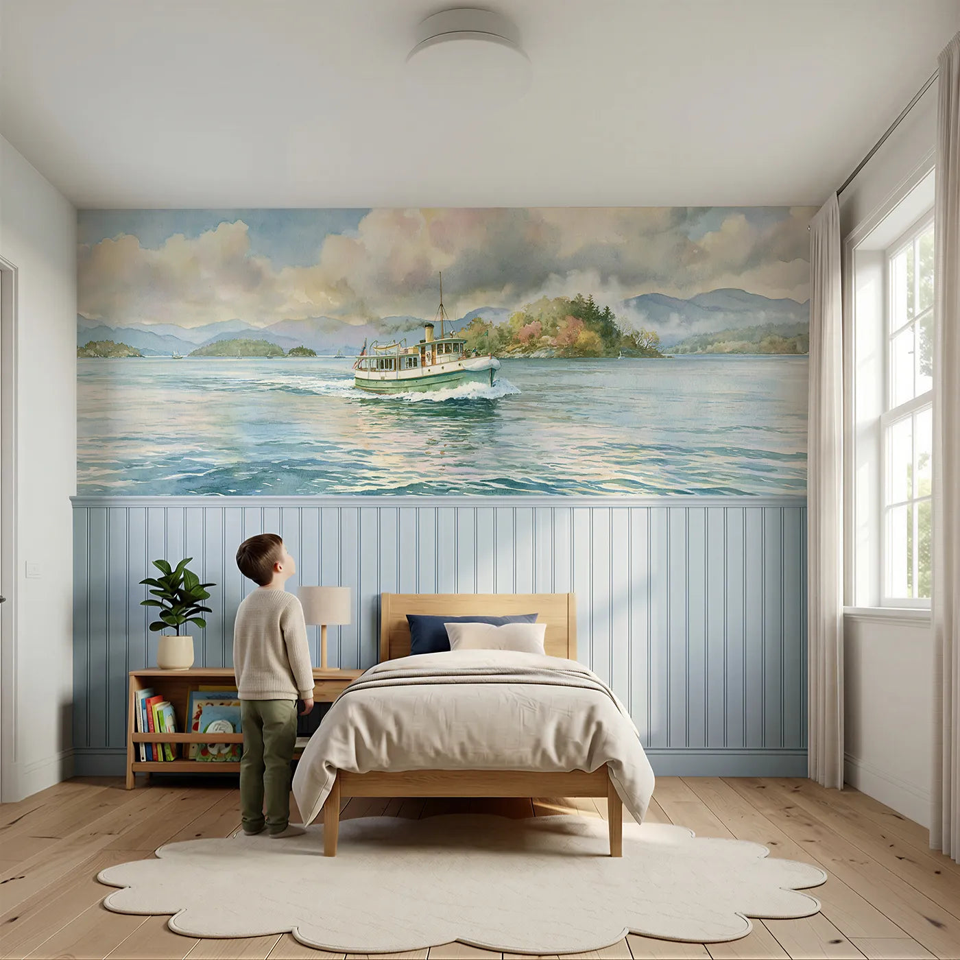 Child reading near Ferry Crossing The Sound Wainscoting Wallpaper by Whimsy Tots