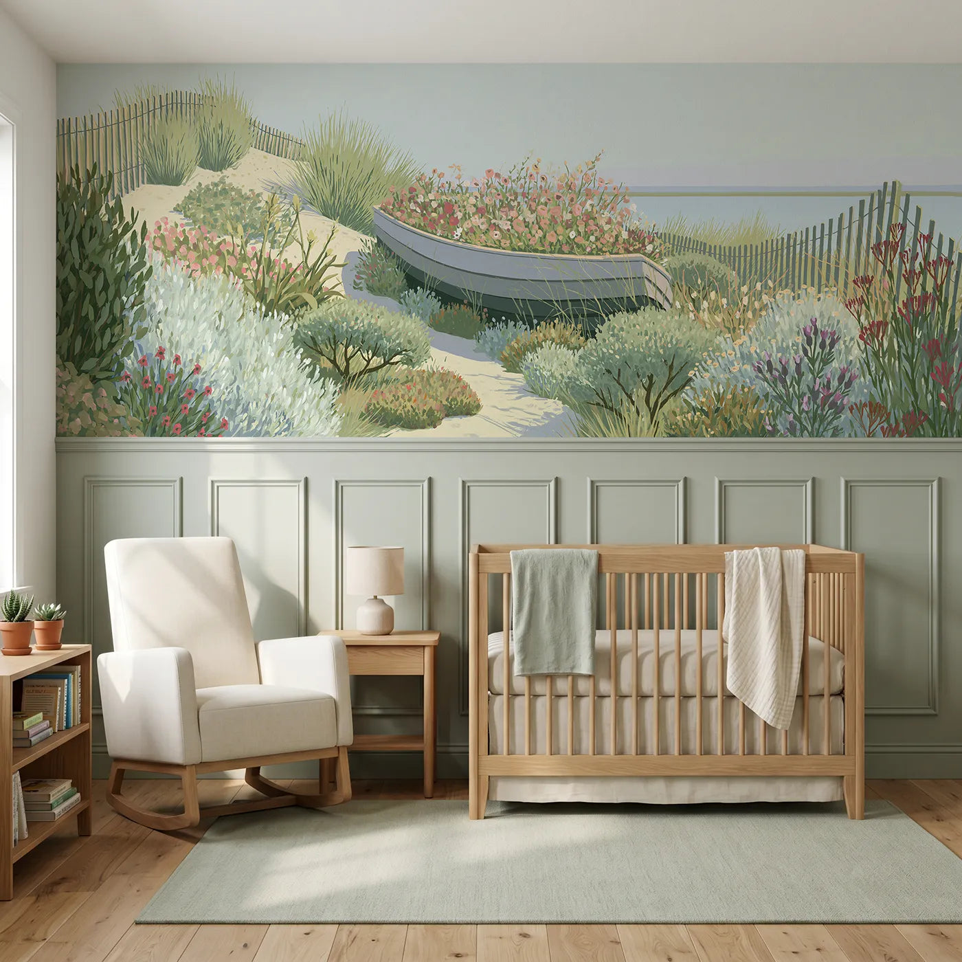 Modern illustration wainscoting wallpaper of a flower boat in a garden by Whimsy Tots