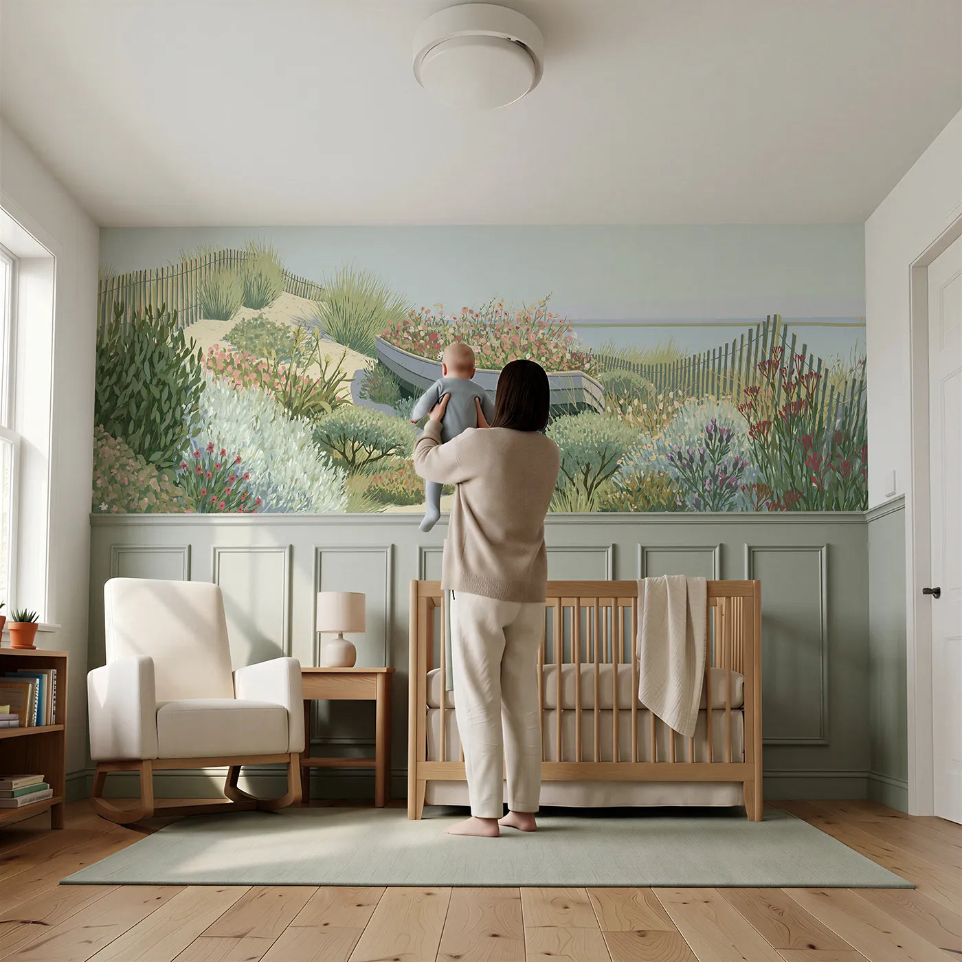 Child reading near Flower Boat In Garden Wainscoting Wallpaper by Whimsy Tots