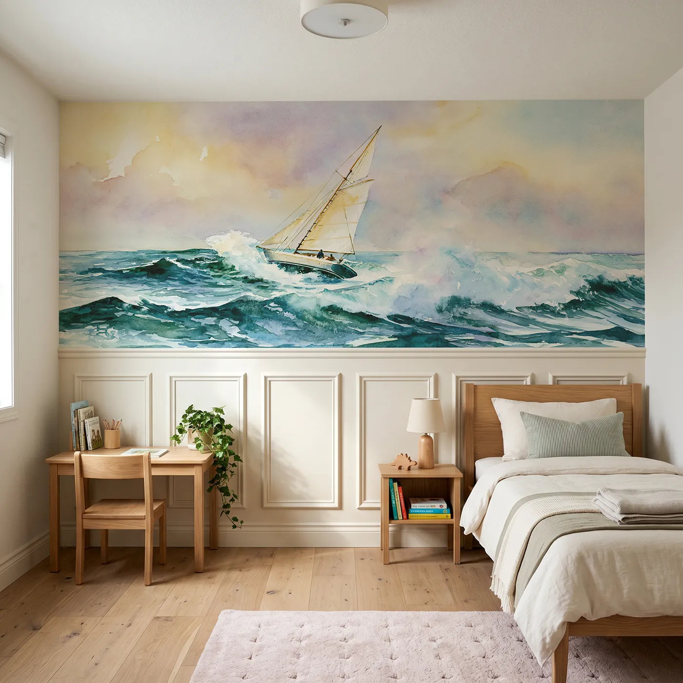 Watercolor wainscoting wallpaper of a sailboat heeling offshore by Whimsy Tots
