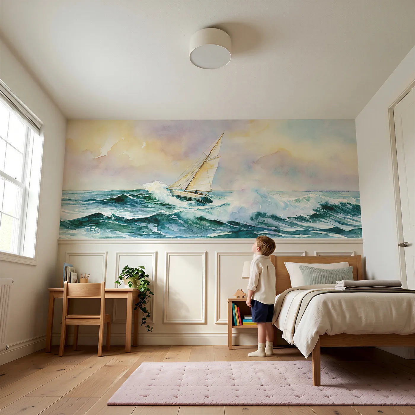 Child reading near Sailboat Heeling Offshore Wainscoting Wallpaper by Whimsy Tots