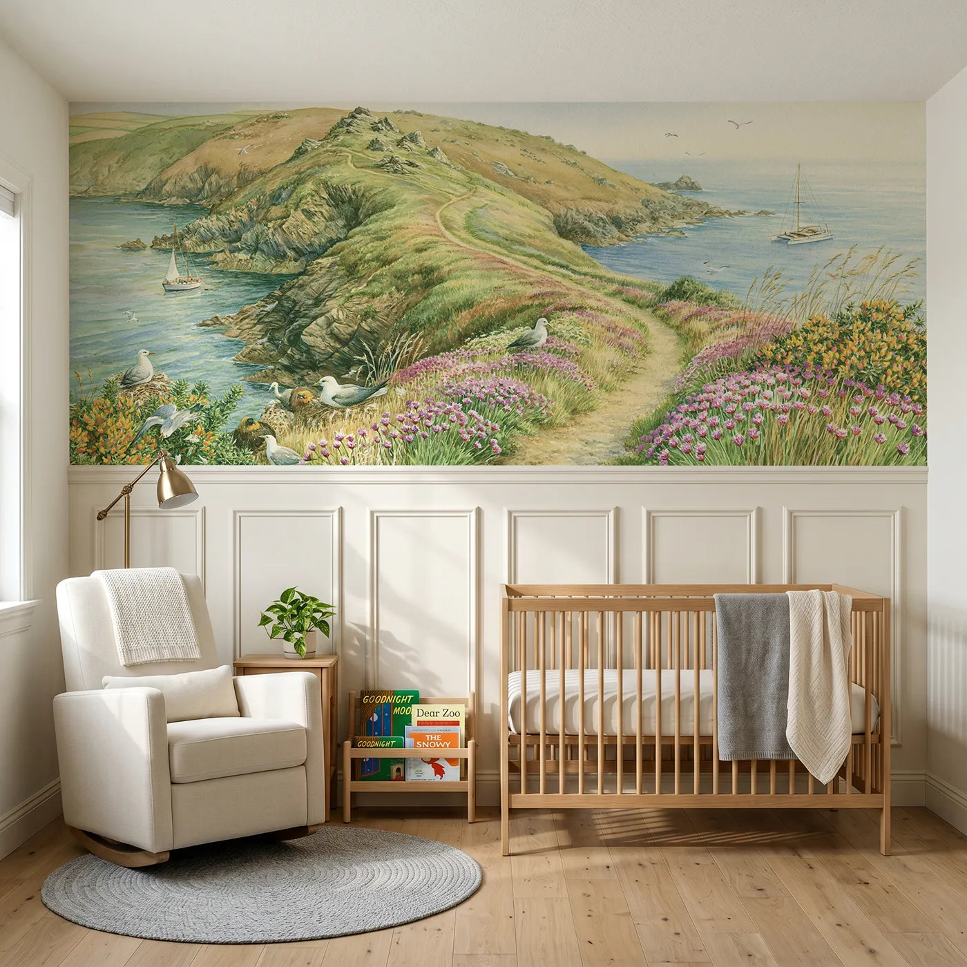 Storybook wainscoting wallpaper of a clifftop coastal path by Whimsy Tots