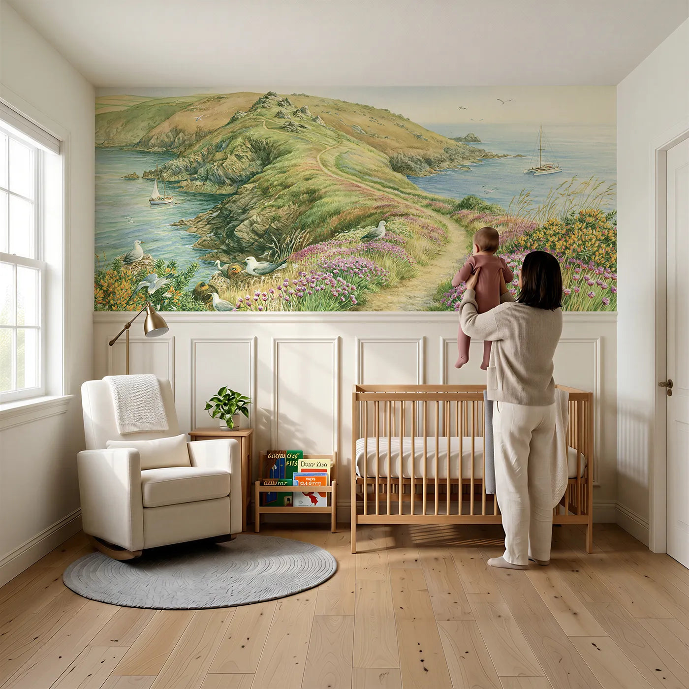 Child reading near Clifftop Coastal Path Wainscoting Wallpaper by Whimsy Tots