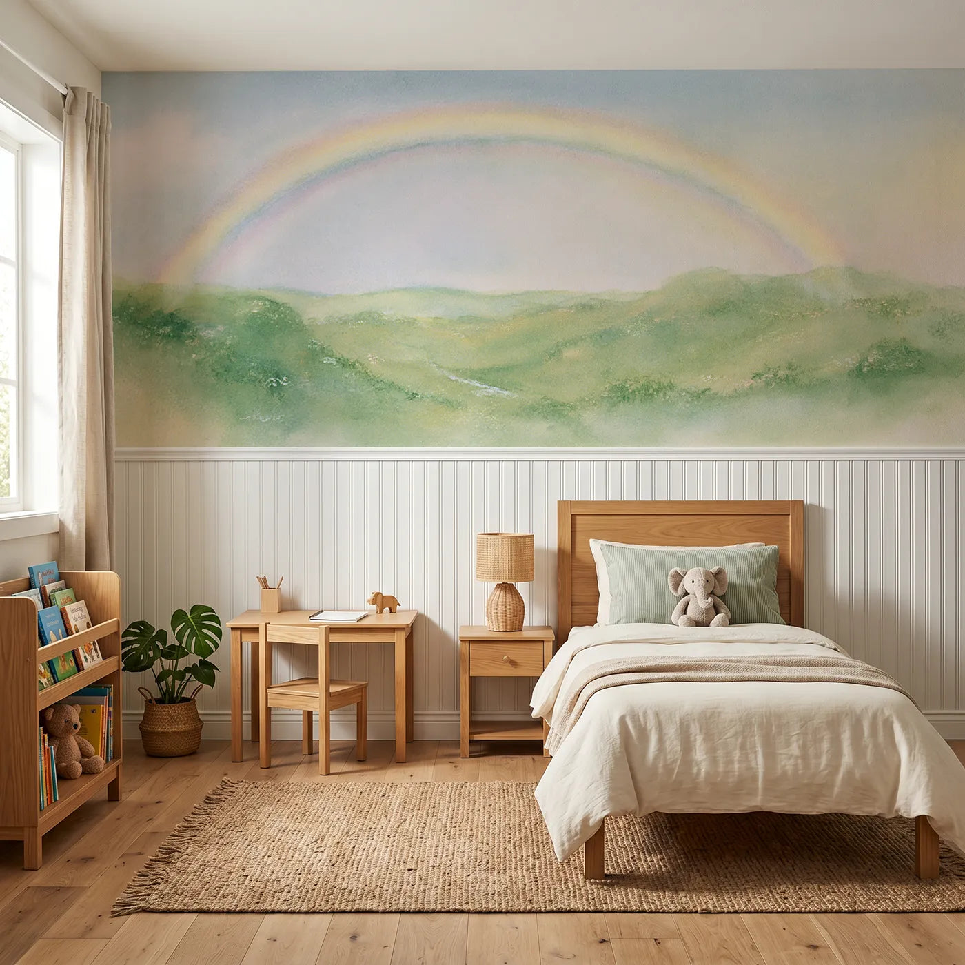 Soft pastel wainscoting wallpaper of a rainbow over green hills by Whimsy Tots