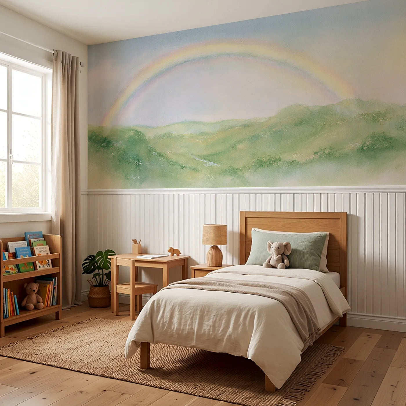 Arc Over Green Hills Wainscoting Wallpaper styled in a kids room by Whimsy Tots