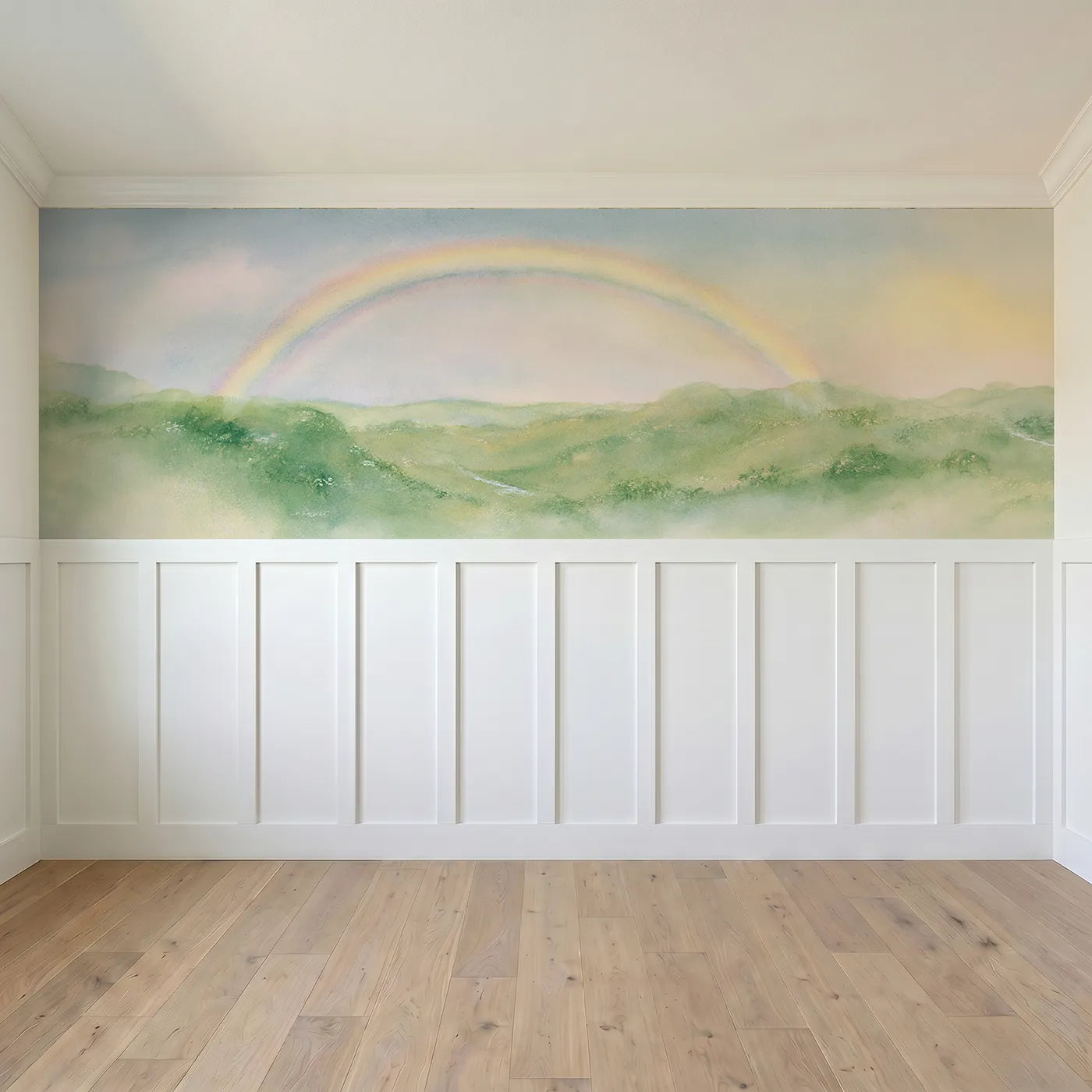 Full panel view of Arc Over Green Hills Wainscoting Wallpaper by Whimsy Tots