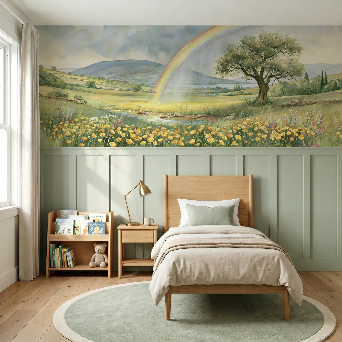 Storybook wainscoting wallpaper of where the rainbow lands by Whimsy Tots