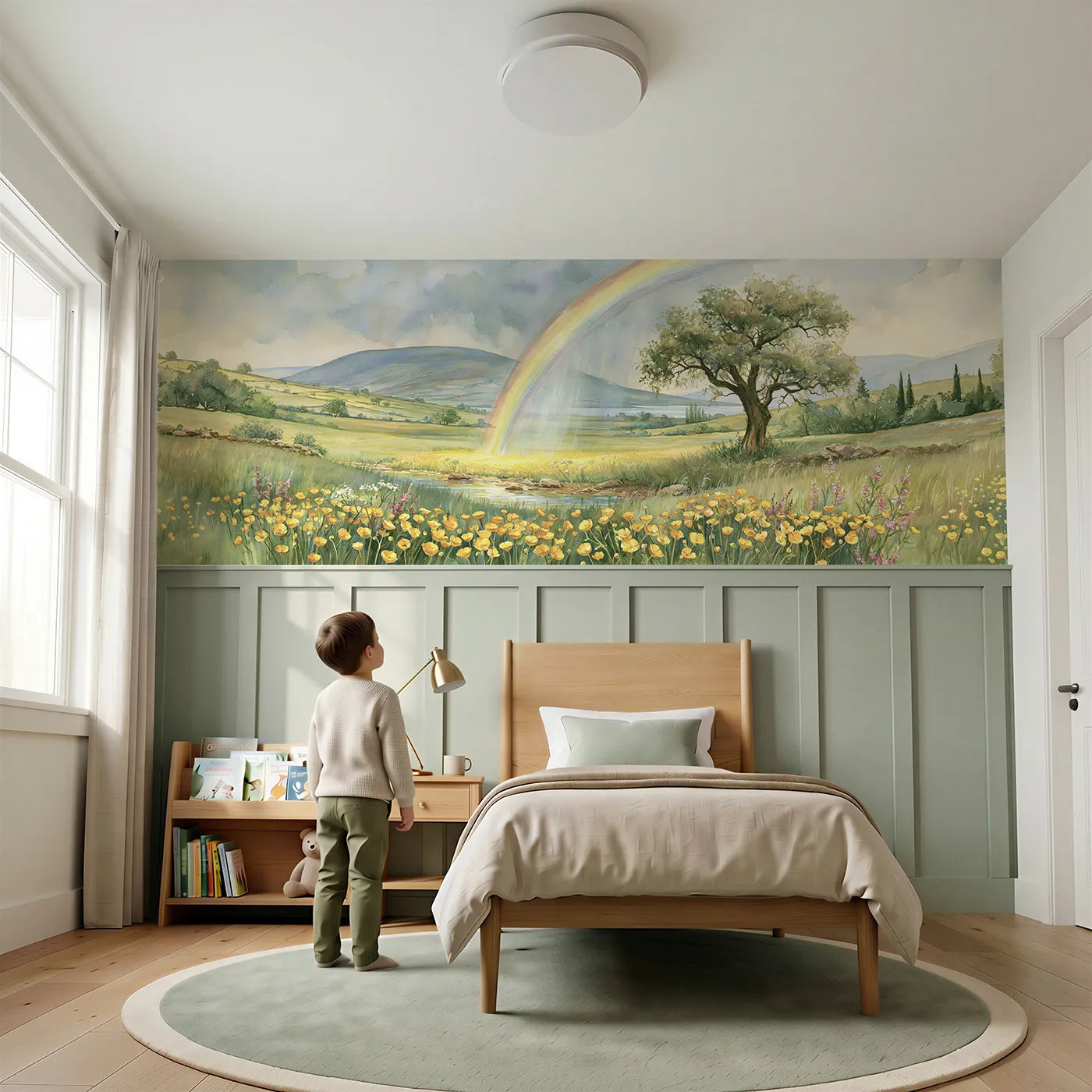 Child reading near Where The Rainbow Lands Wainscoting Wallpaper by Whimsy Tots