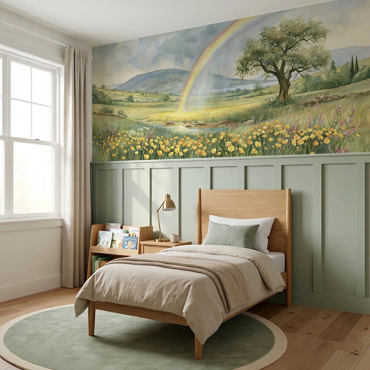 Where The Rainbow Lands Wainscoting Wallpaper styled in a kids room by Whimsy Tots