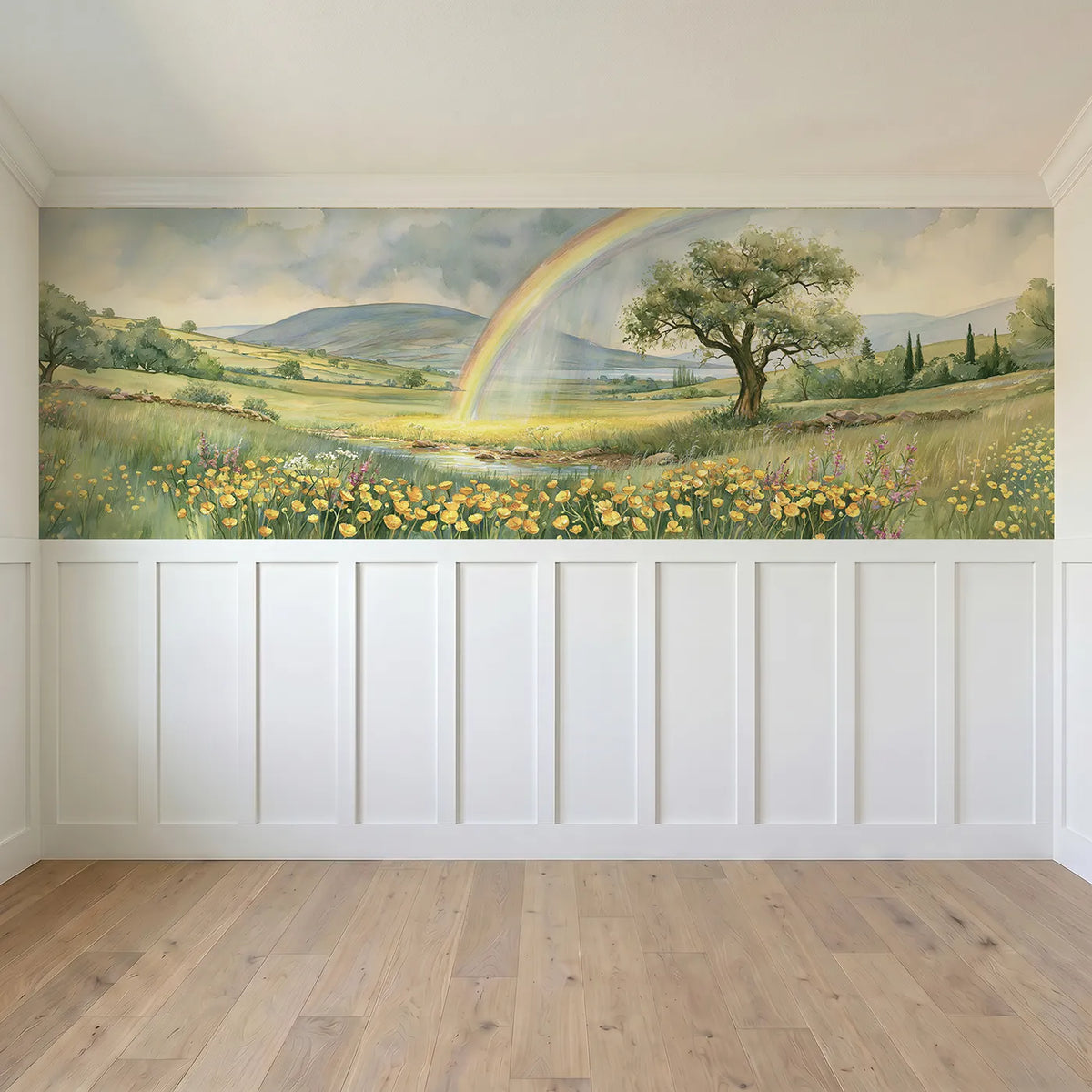 Full panel view of Where The Rainbow Lands Wainscoting Wallpaper by Whimsy Tots
