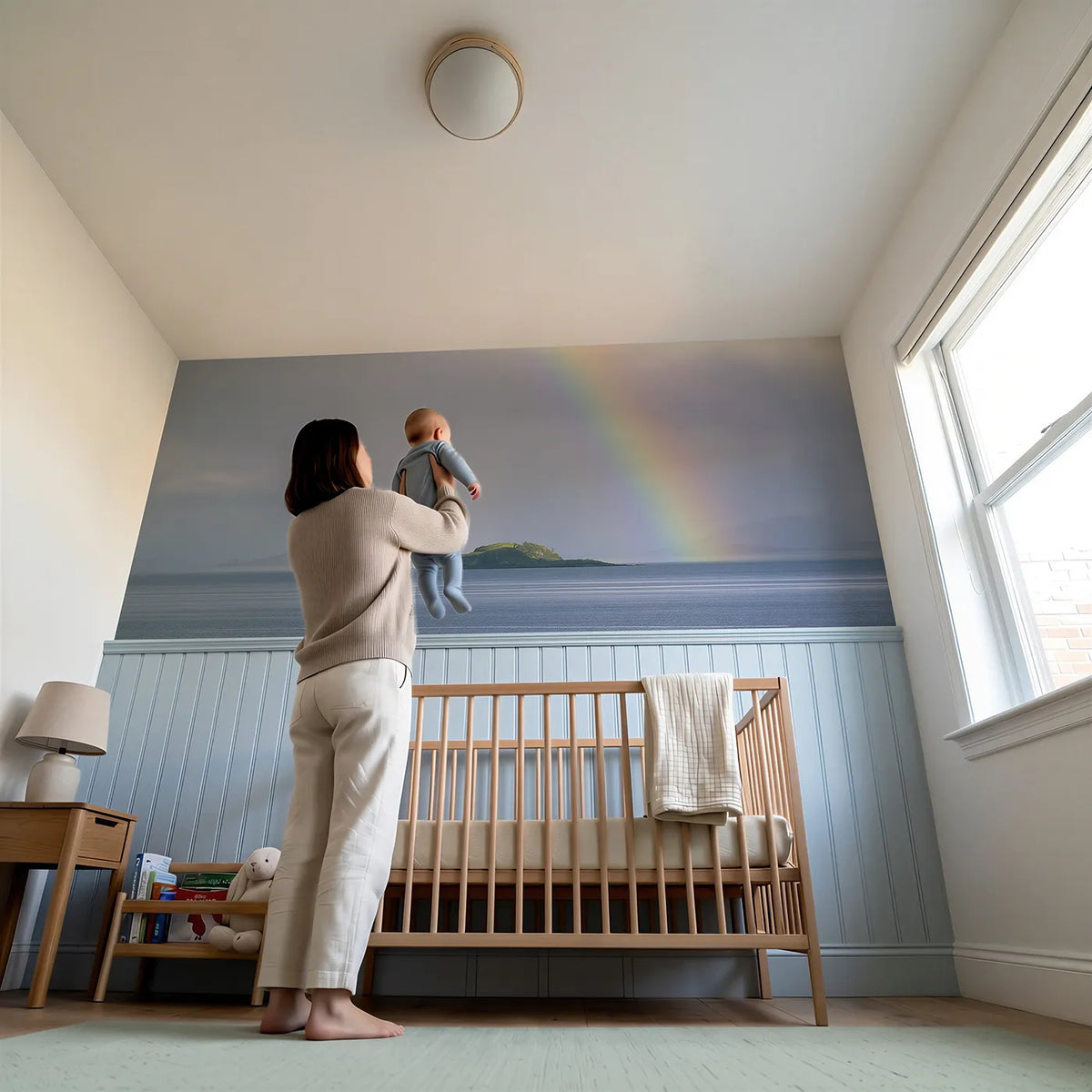 Child reading near Arc To The Island Wainscoting Wallpaper by Whimsy Tots