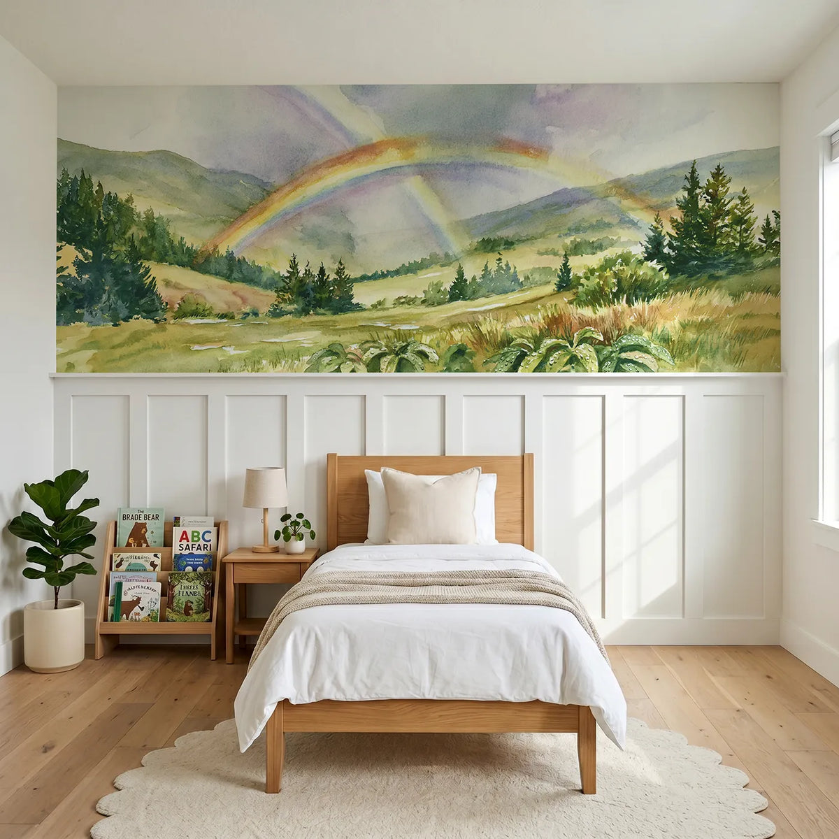 Watercolor wainscoting wallpaper of a double rainbow after rain by Whimsy Tots