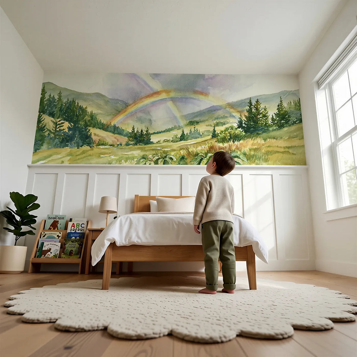 Child reading near Double Arc After Rain Wainscoting Wallpaper by Whimsy Tots