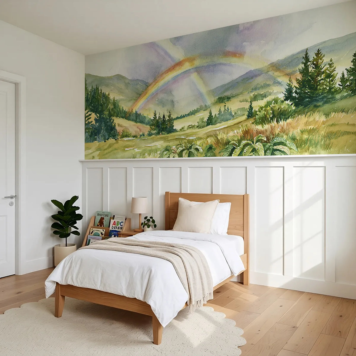 Double Arc After Rain Wainscoting Wallpaper styled in a kids room by Whimsy Tots