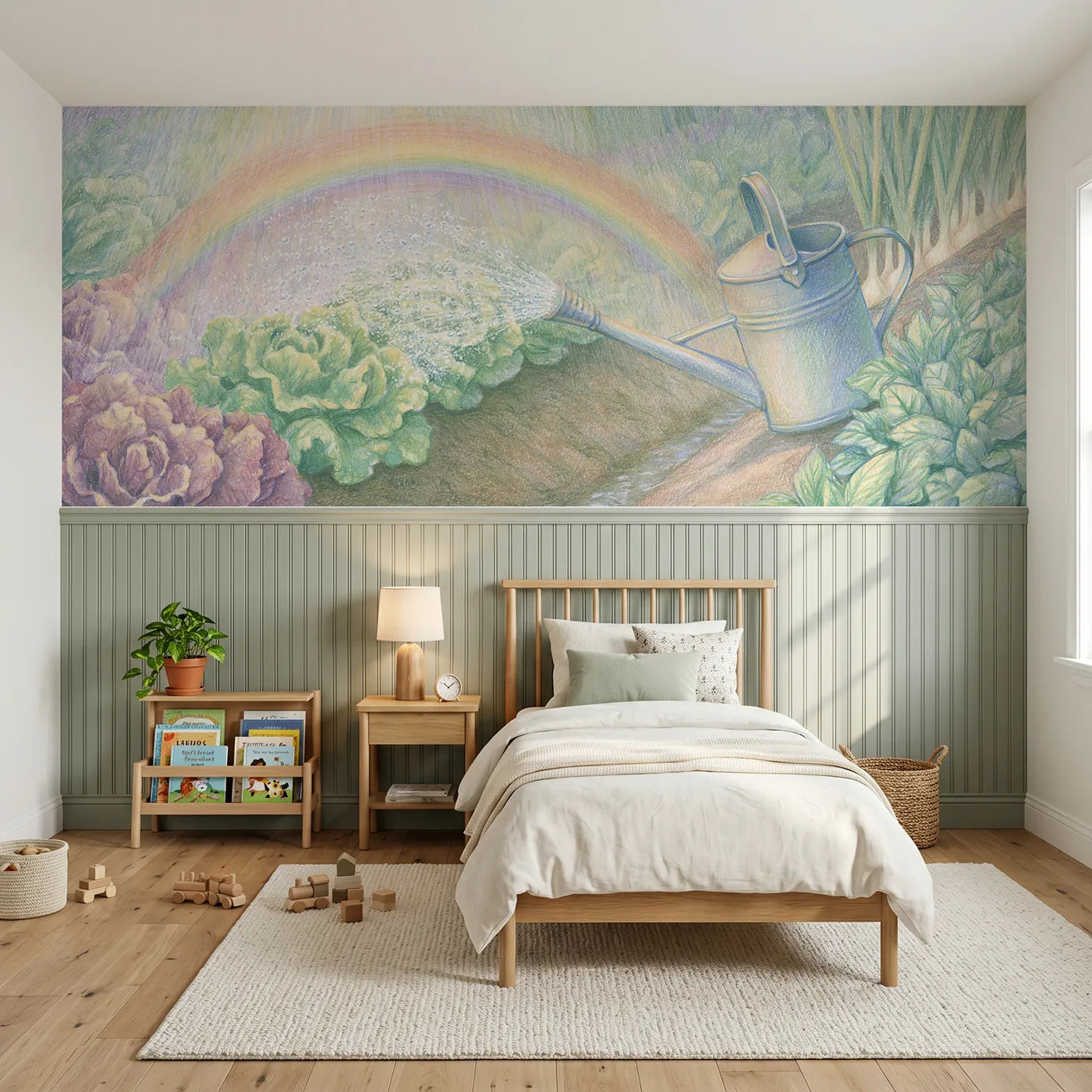 Colored pencil wainscoting wallpaper of a rainbow in watering can spray by Whimsy Tots