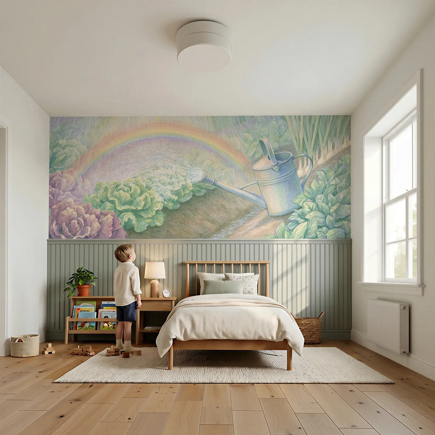 Child reading near Rainbow In The Watering Can Wainscoting Wallpaper by Whimsy Tots
