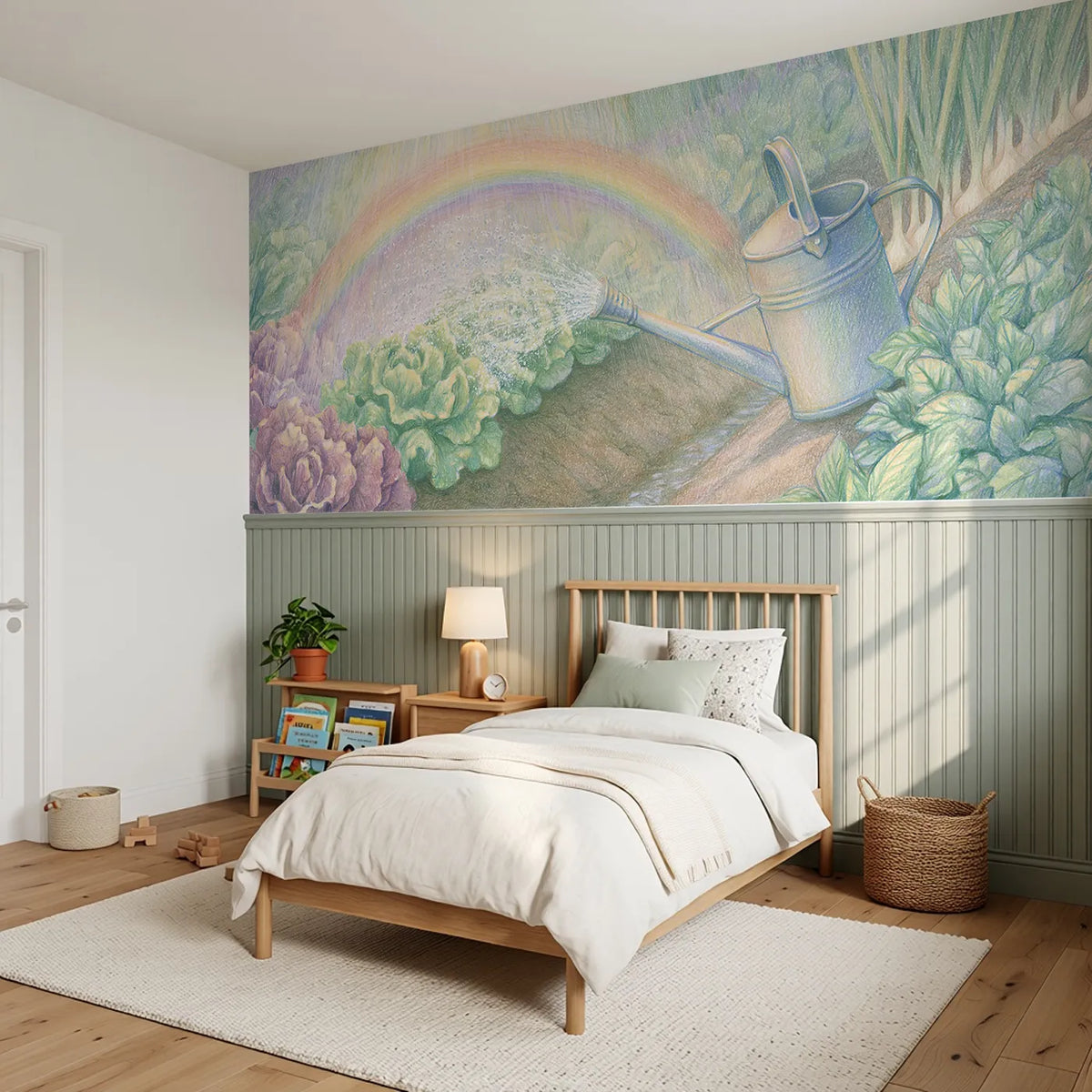 Rainbow In The Watering Can Wainscoting Wallpaper styled in a kids room by Whimsy Tots