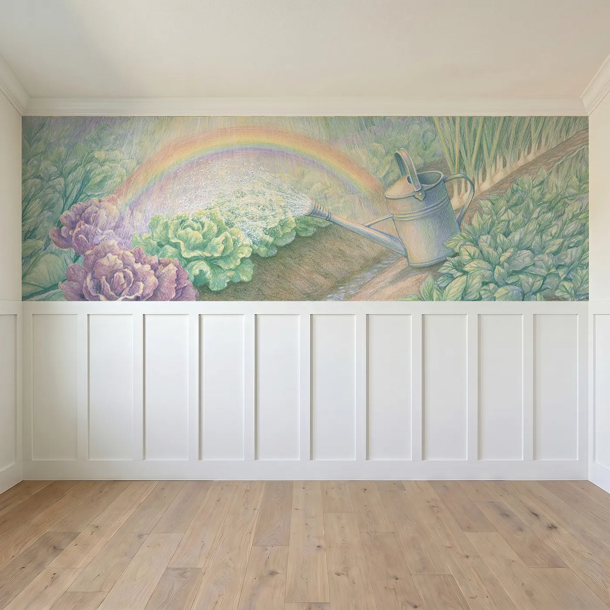 Full panel view of Rainbow In The Watering Can Wainscoting Wallpaper by Whimsy Tots