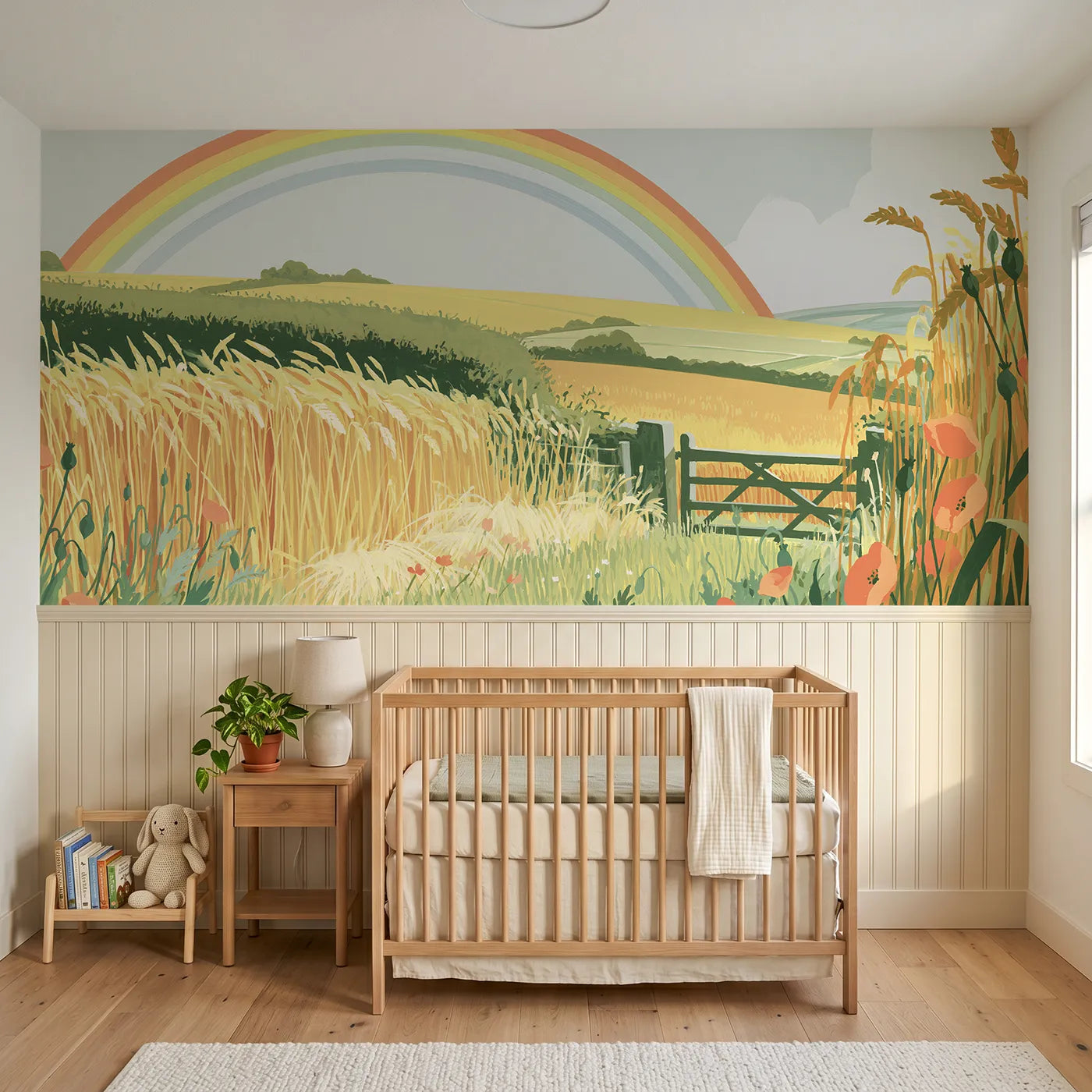Modern illustration wainscoting wallpaper of a rainbow over golden wheat by Whimsy Tots