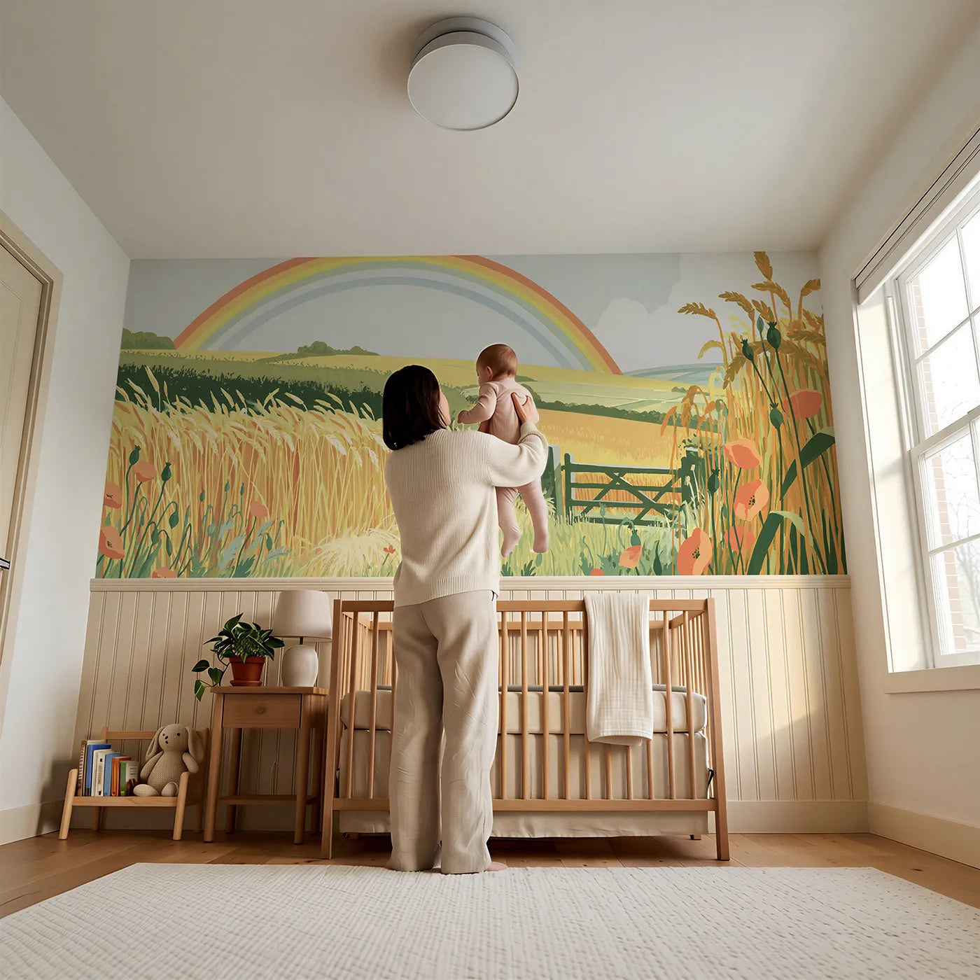 Child reading near Arc Over Golden Wheat Wainscoting Wallpaper by Whimsy Tots