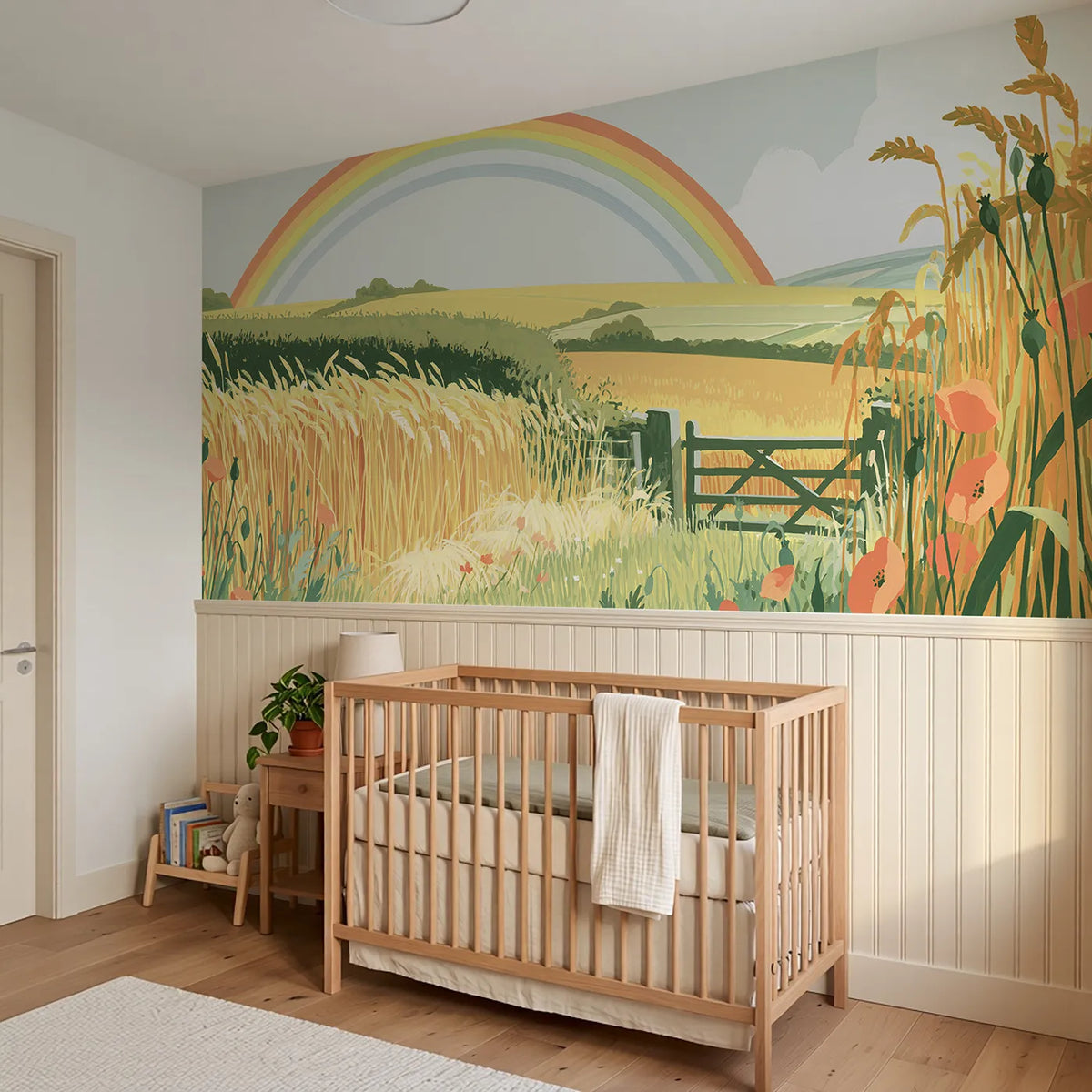 Arc Over Golden Wheat Wainscoting Wallpaper styled in a kids room by Whimsy Tots