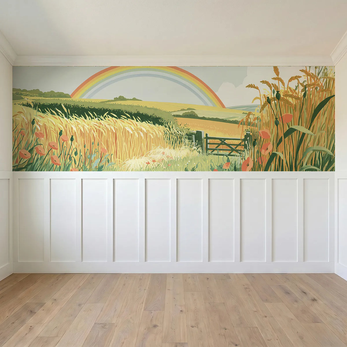 Full panel view of Arc Over Golden Wheat Wainscoting Wallpaper by Whimsy Tots