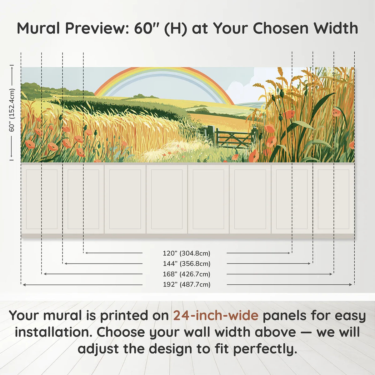 Panel dimensions for Arc Over Golden Wheat Wainscoting Wallpaper by Whimsy Tots