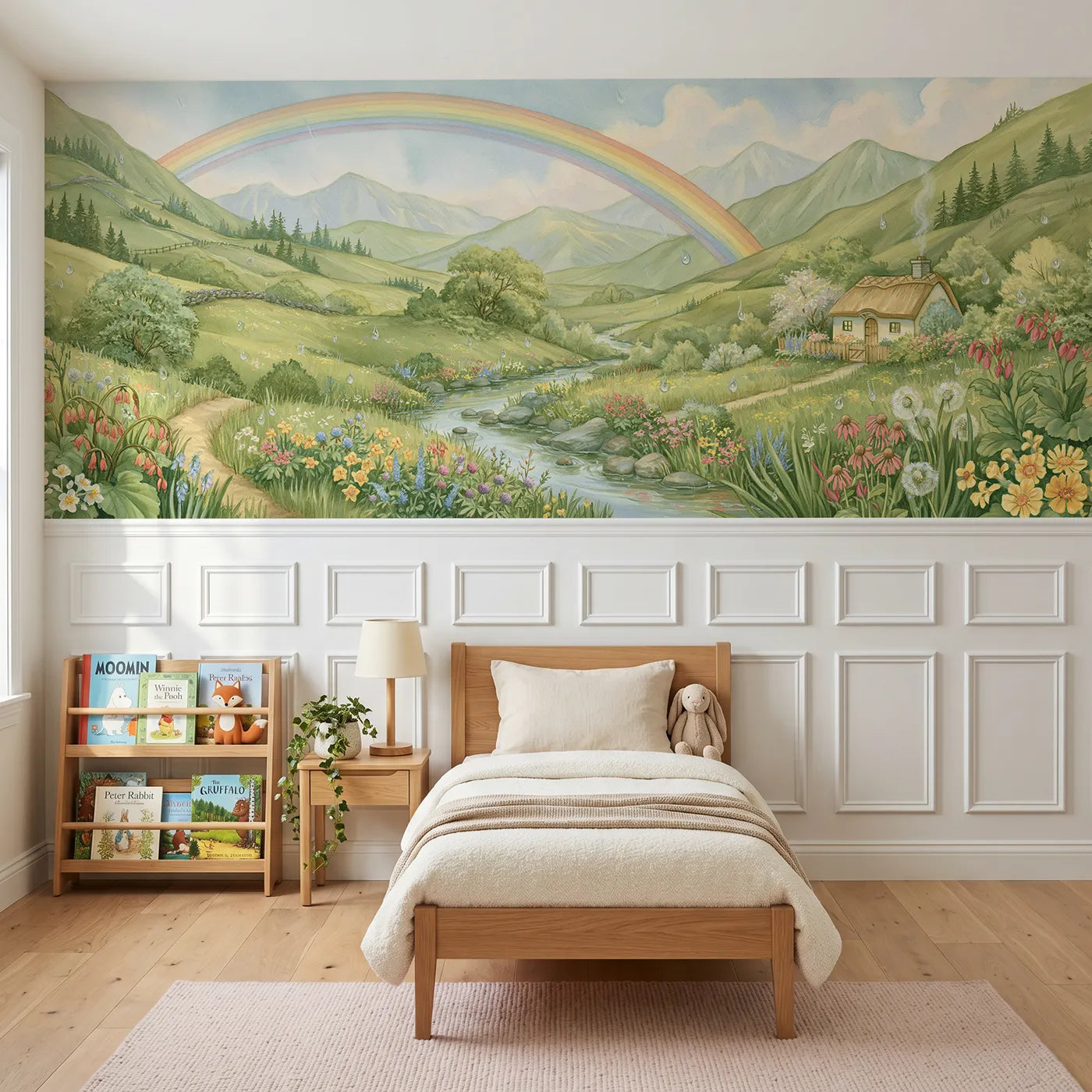Storybook wainscoting wallpaper of a full-span rainbow over a valley by Whimsy Tots