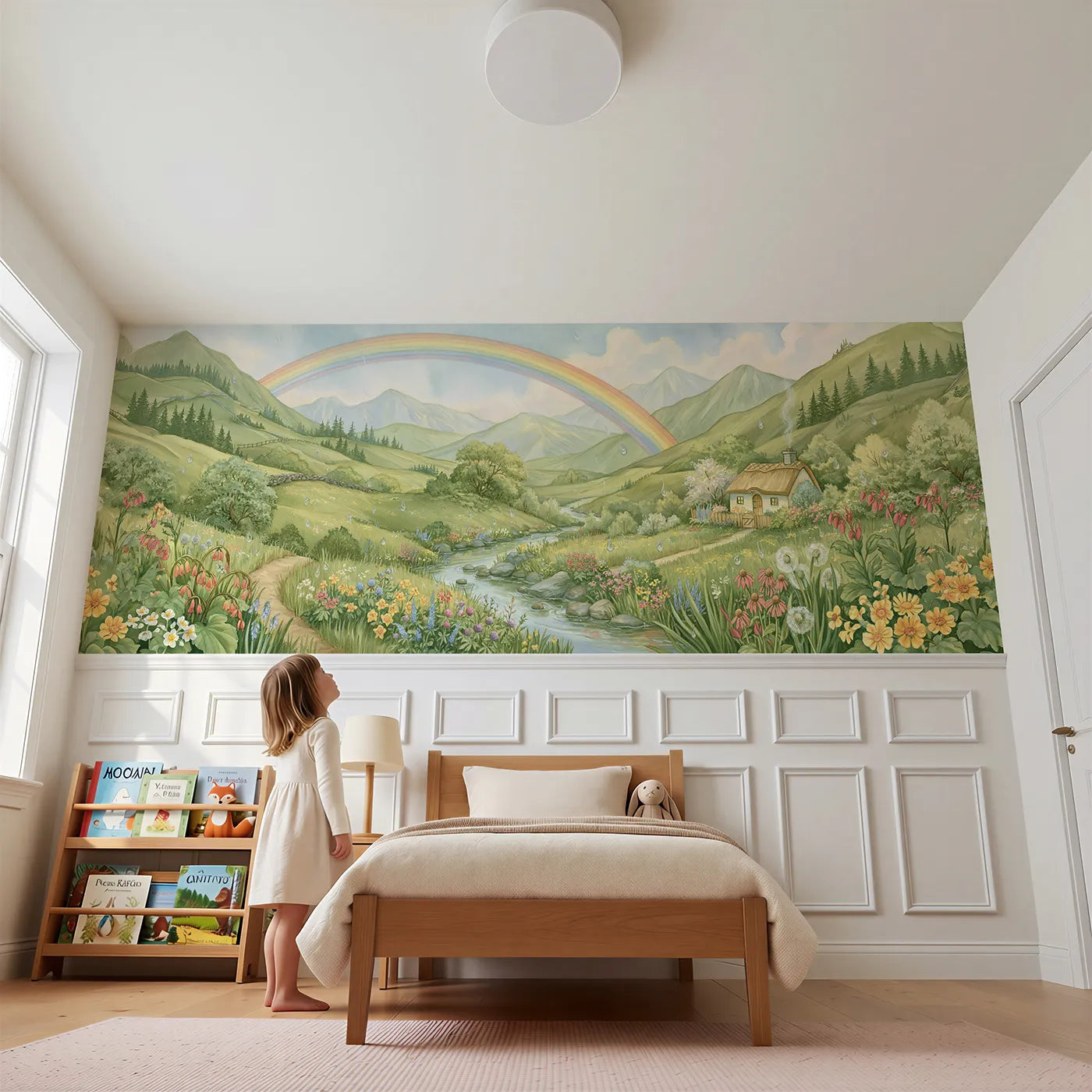 Child reading near The Full Span Arc Wainscoting Wallpaper by Whimsy Tots