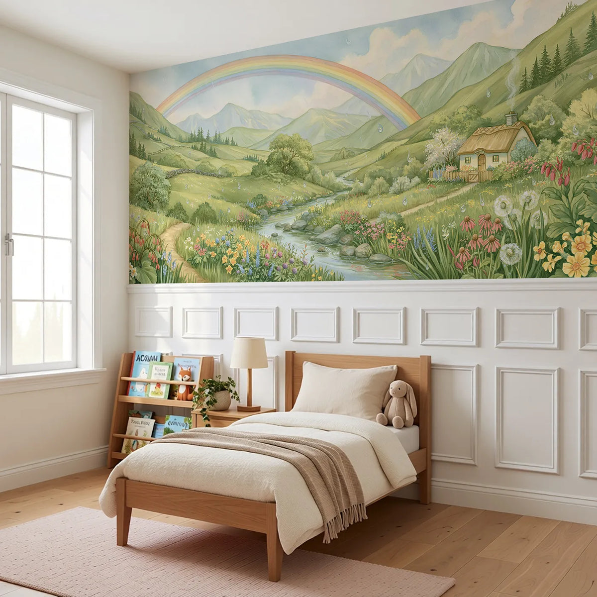 The Full Span Arc Wainscoting Wallpaper styled in a kids room by Whimsy Tots