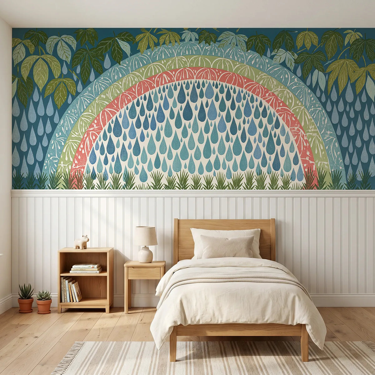 Block print wainscoting wallpaper of a carved arc and raindrops by Whimsy Tots