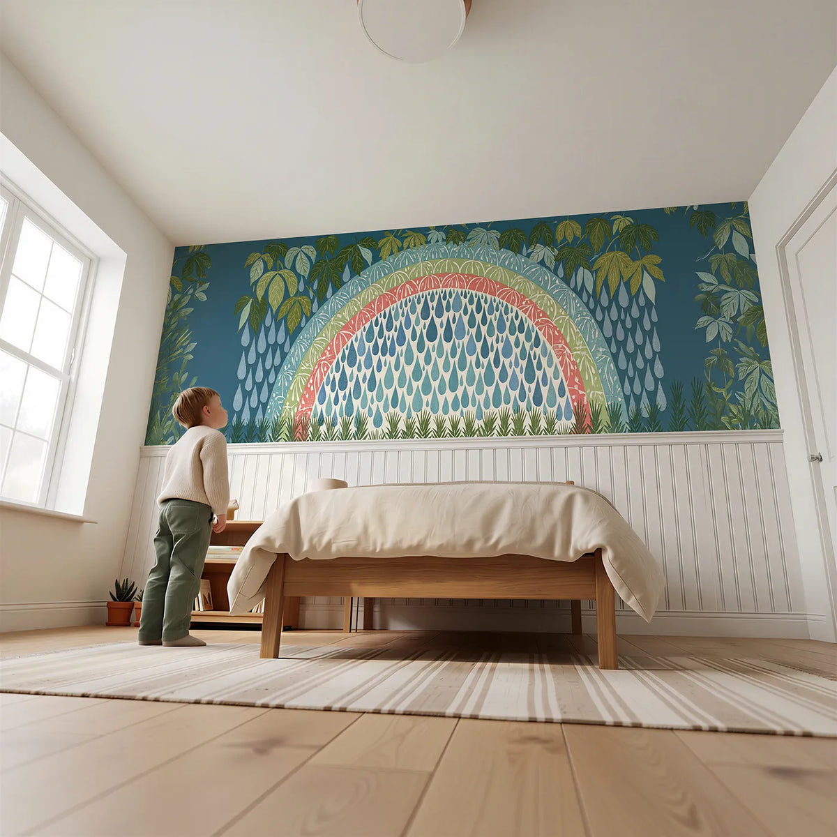 Child reading near Carved Arc And Raindrops Wainscoting Wallpaper by Whimsy Tots