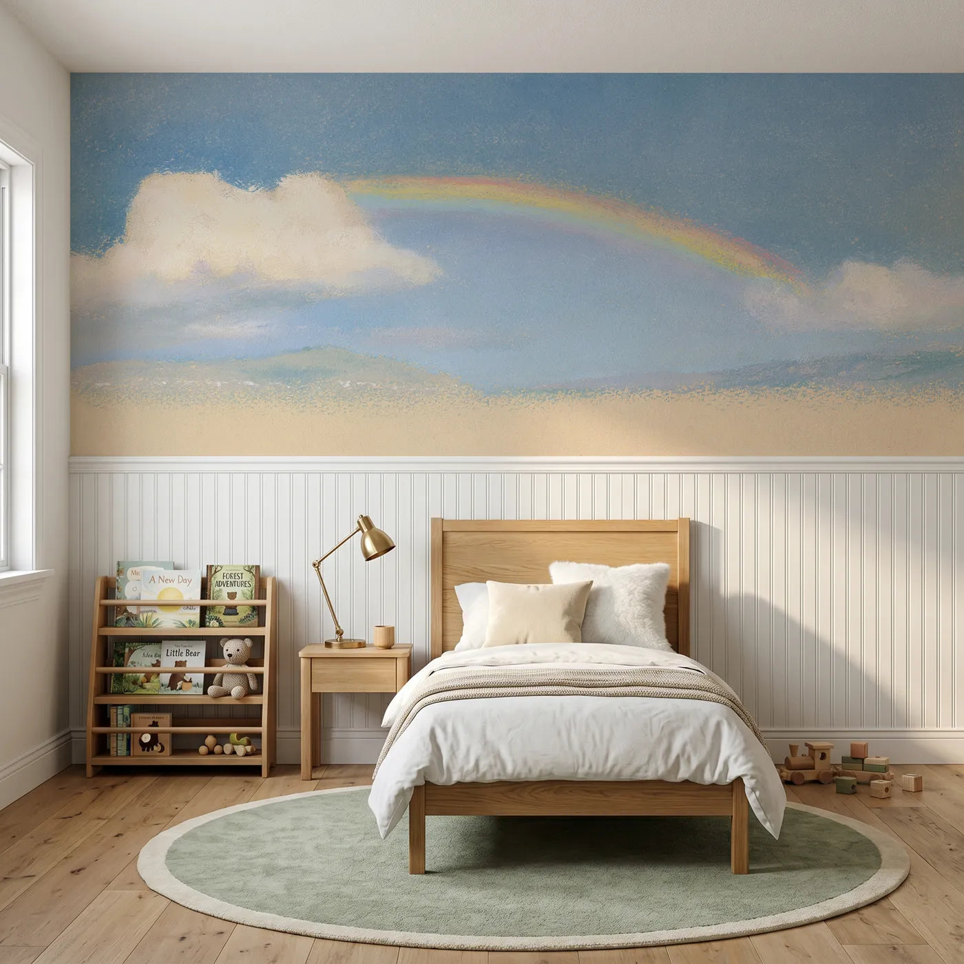 Soft pastel wainscoting wallpaper of a rainbow bridging two clouds by Whimsy Tots