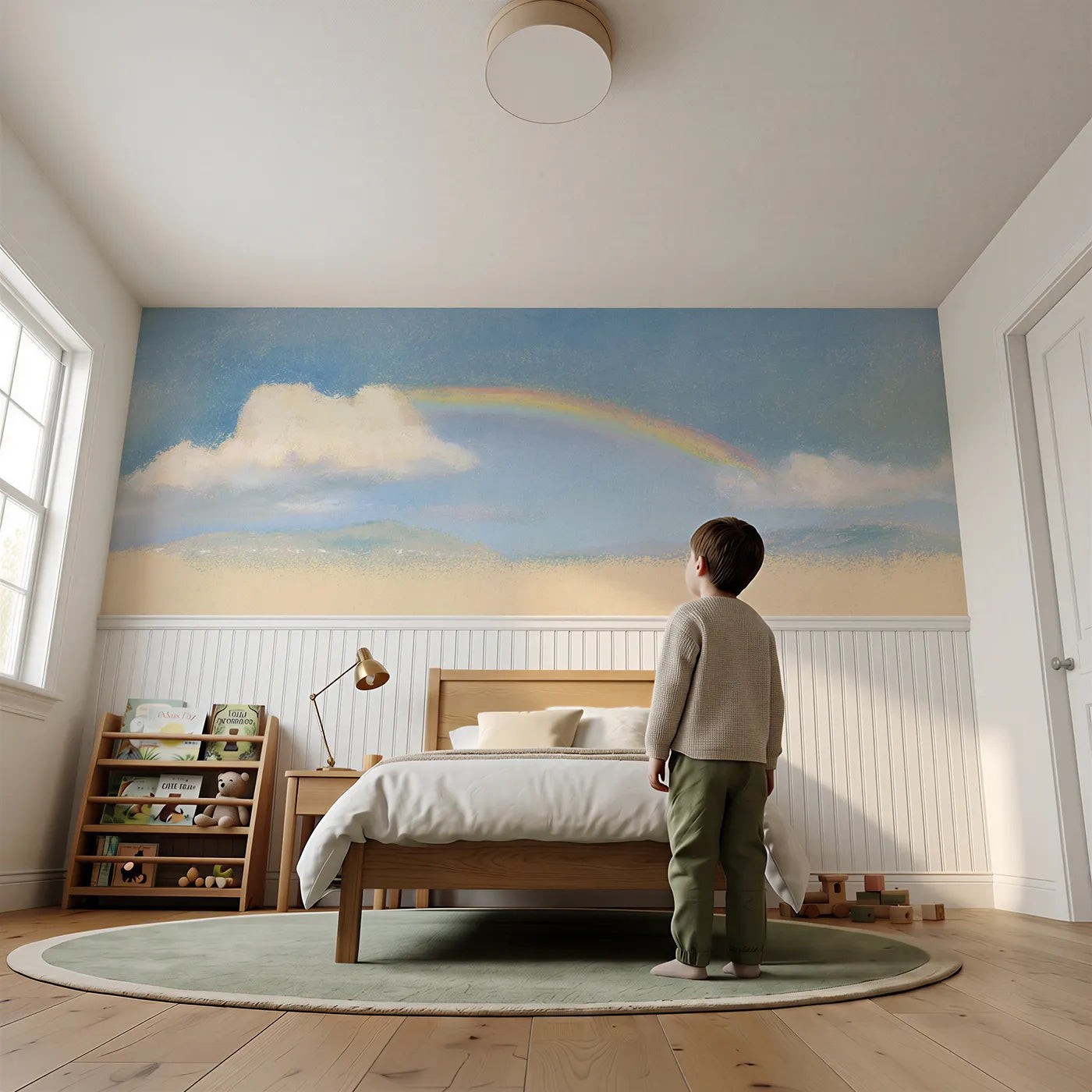 Child reading near Arc Bridging Two Clouds Wainscoting Wallpaper by Whimsy Tots