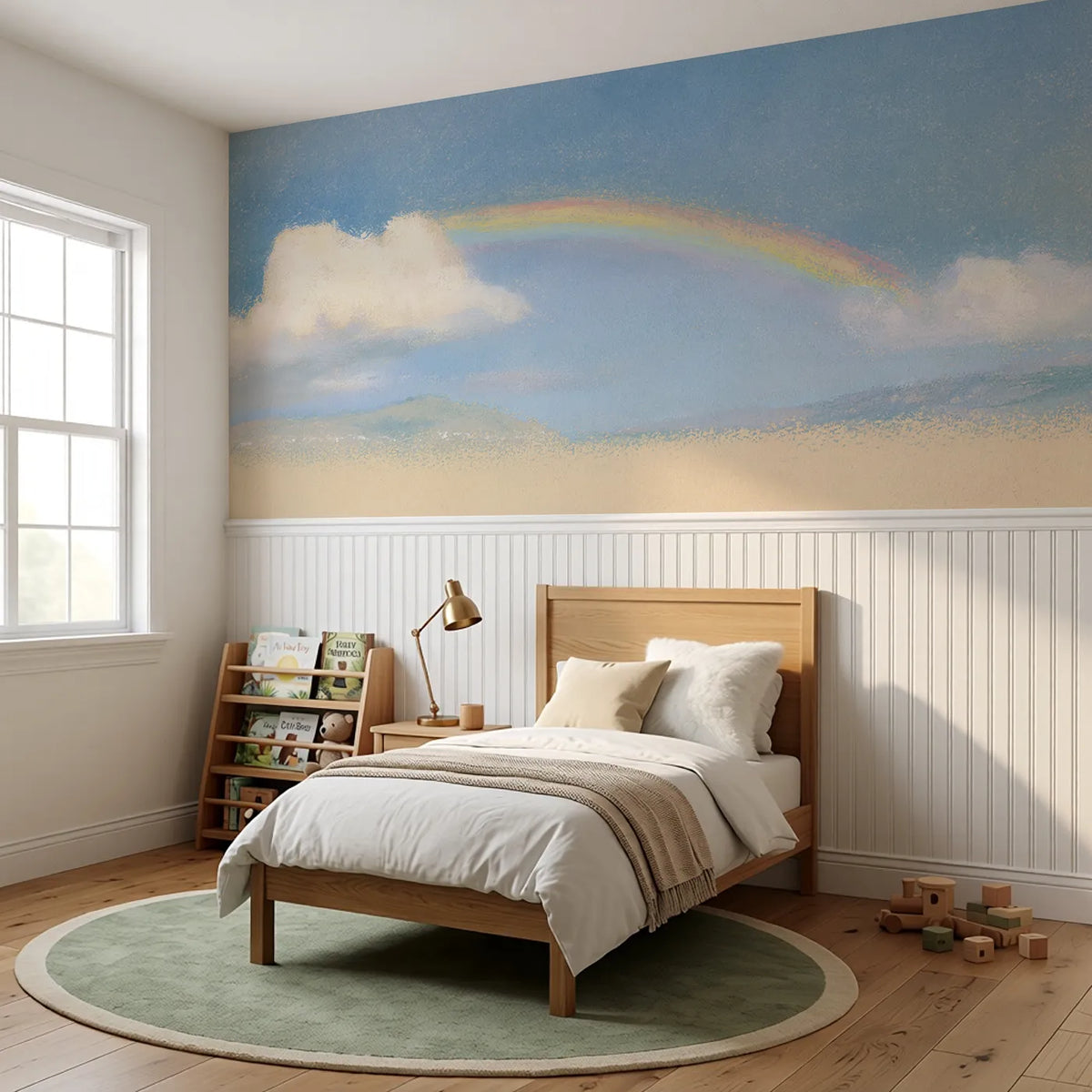 Arc Bridging Two Clouds Wainscoting Wallpaper styled in a kids room by Whimsy Tots