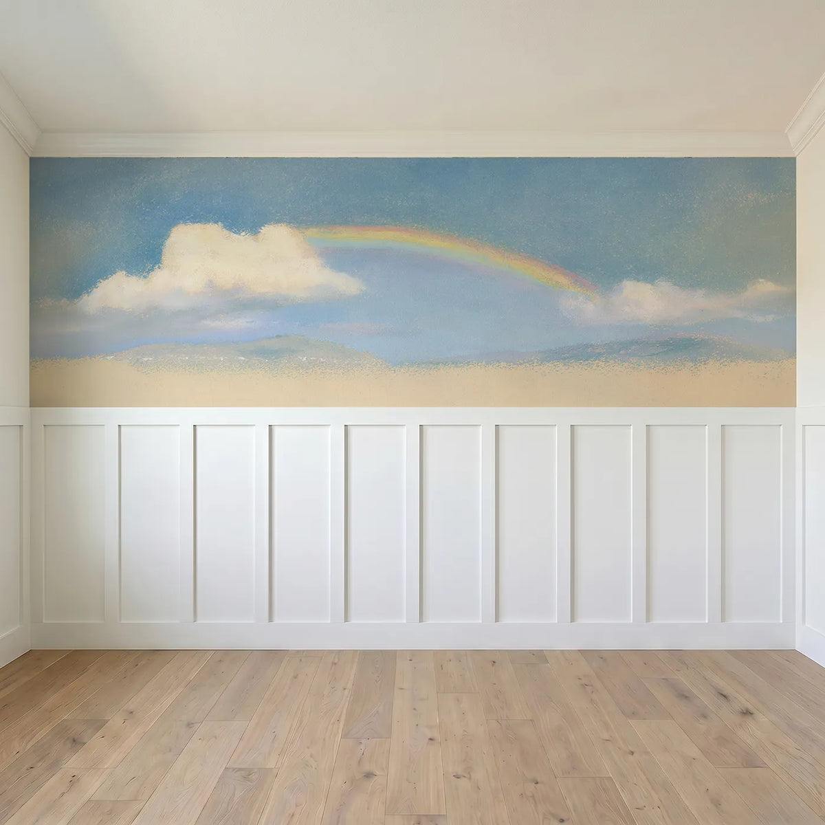 Full panel view of Arc Bridging Two Clouds Wainscoting Wallpaper by Whimsy Tots