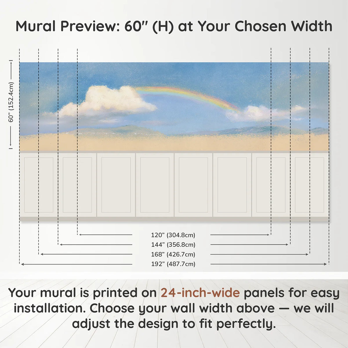 Panel dimensions for Arc Bridging Two Clouds Wainscoting Wallpaper by Whimsy Tots