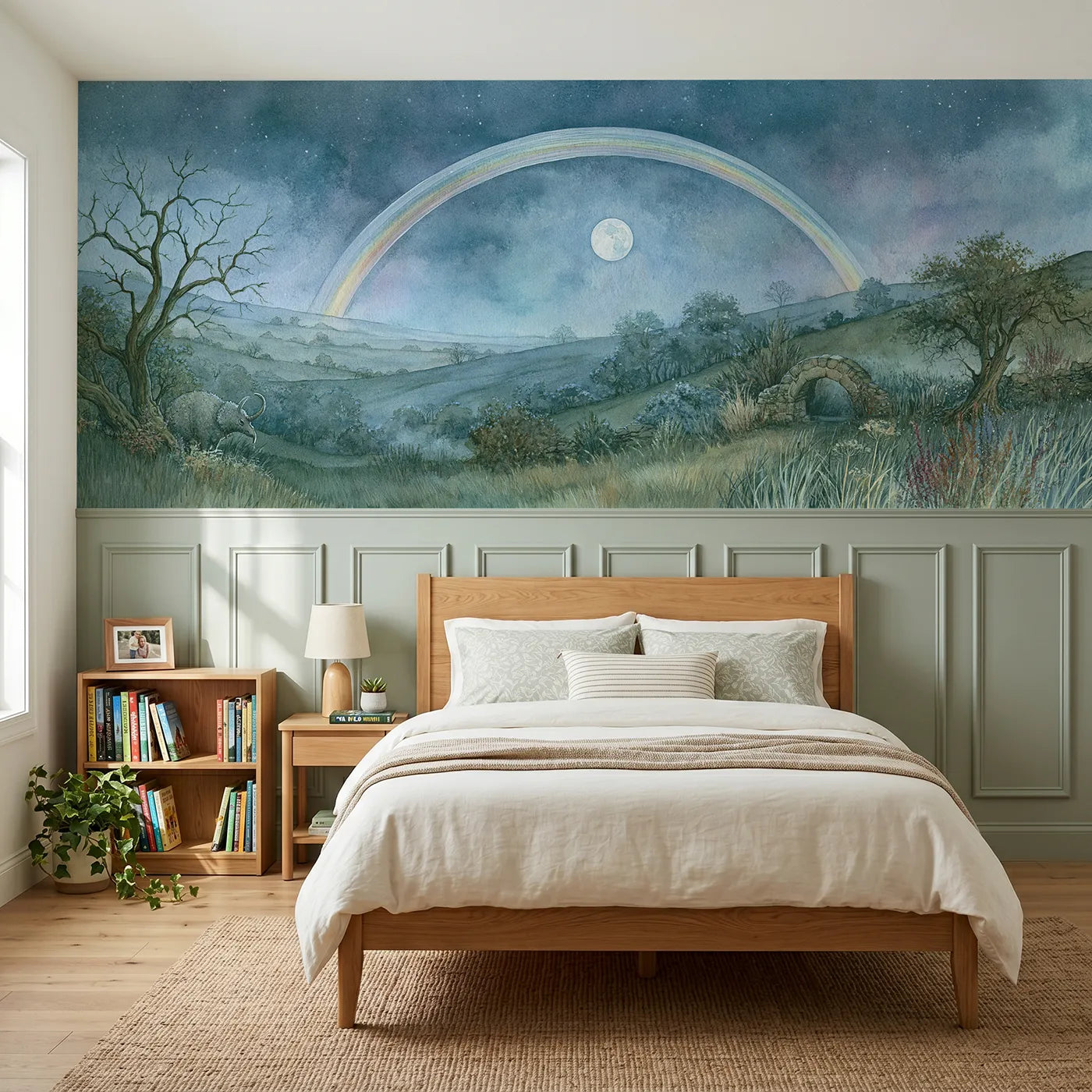 Storybook wainscoting wallpaper of a moonbow over the meadow by Whimsy Tots