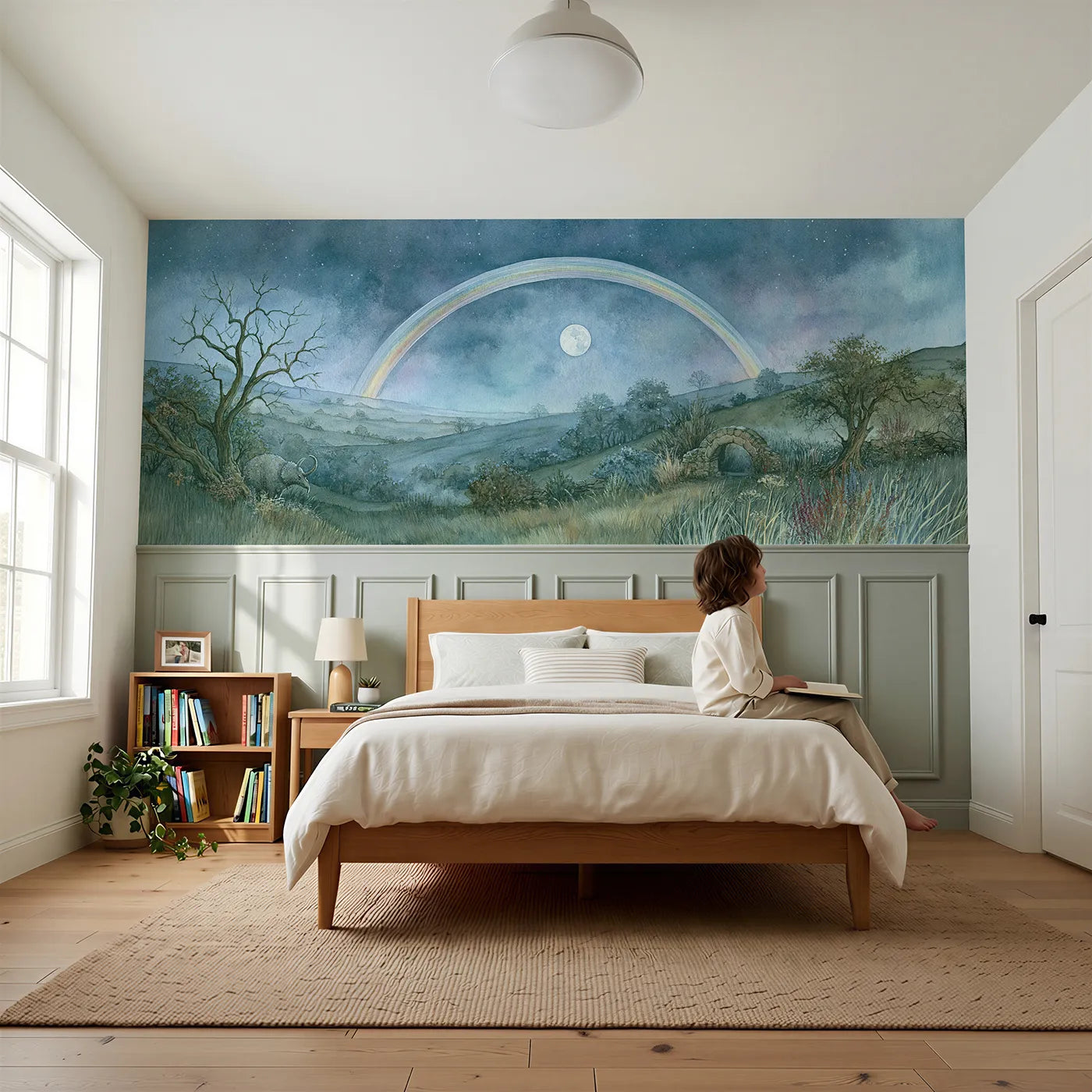 Child reading near Moonbow Over The Meadow Wainscoting Wallpaper by Whimsy Tots