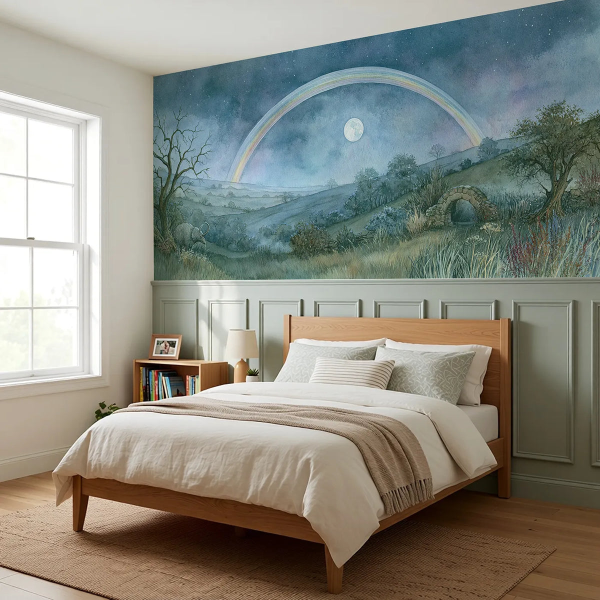 Moonbow Over The Meadow Wainscoting Wallpaper styled in a kids room by Whimsy Tots