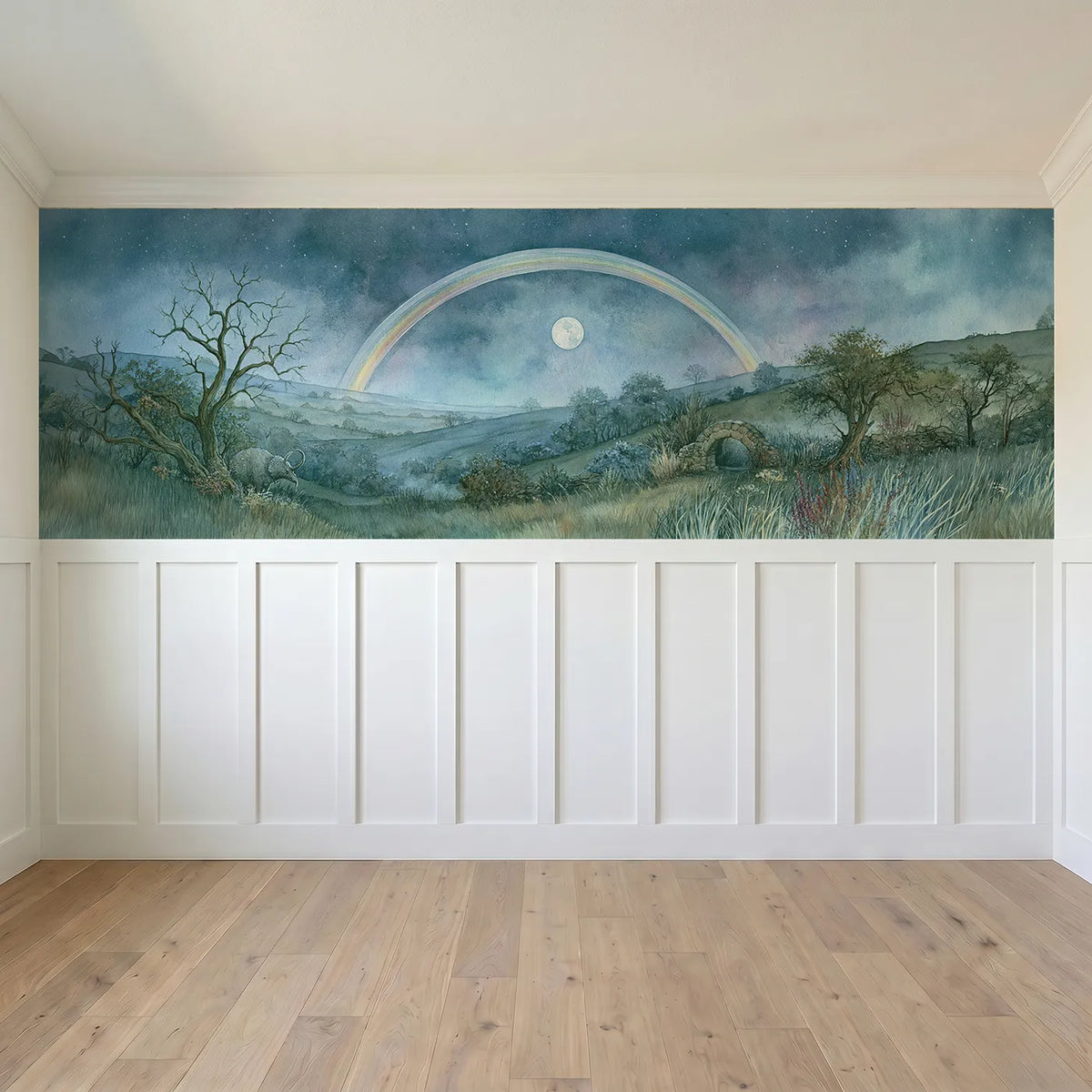 Full panel view of Moonbow Over The Meadow Wainscoting Wallpaper by Whimsy Tots