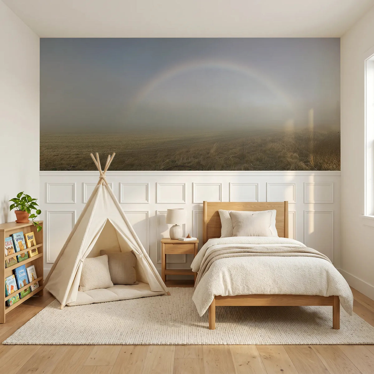 Watercolor wainscoting wallpaper of a white fogbow in morning mist by Whimsy Tots