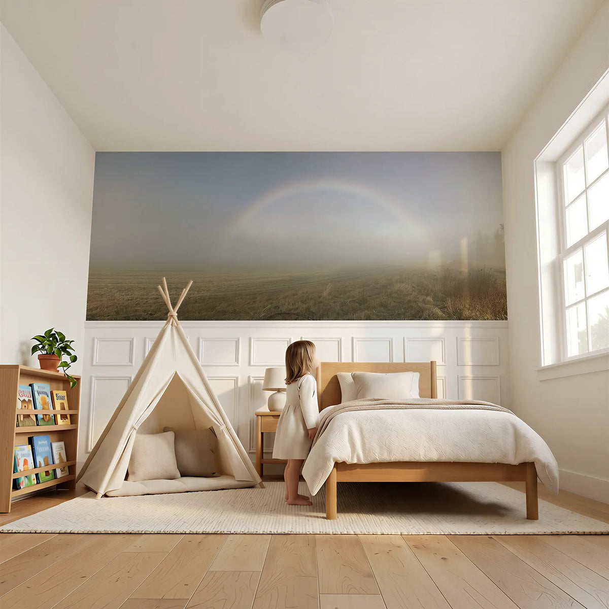 Child reading near The White Fogbow Wainscoting Wallpaper by Whimsy Tots